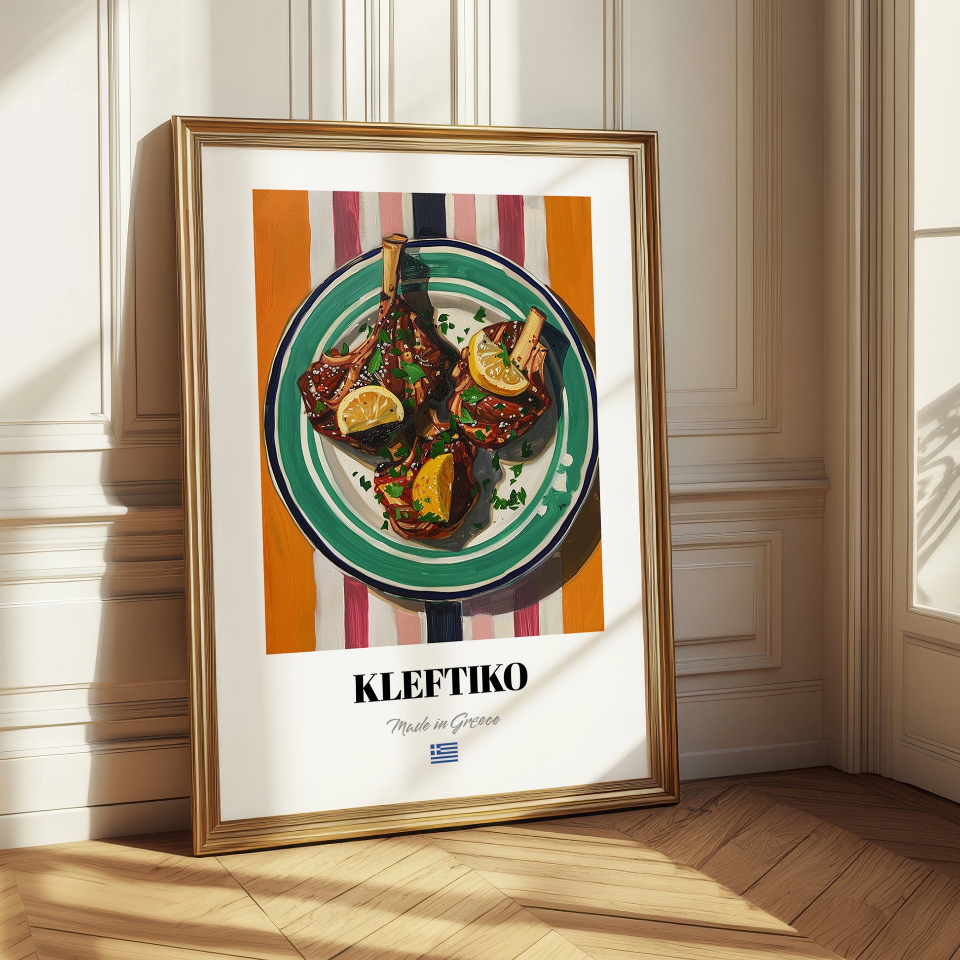 Kleftiko – on Striped Tablecloth, Greek Food Illustration