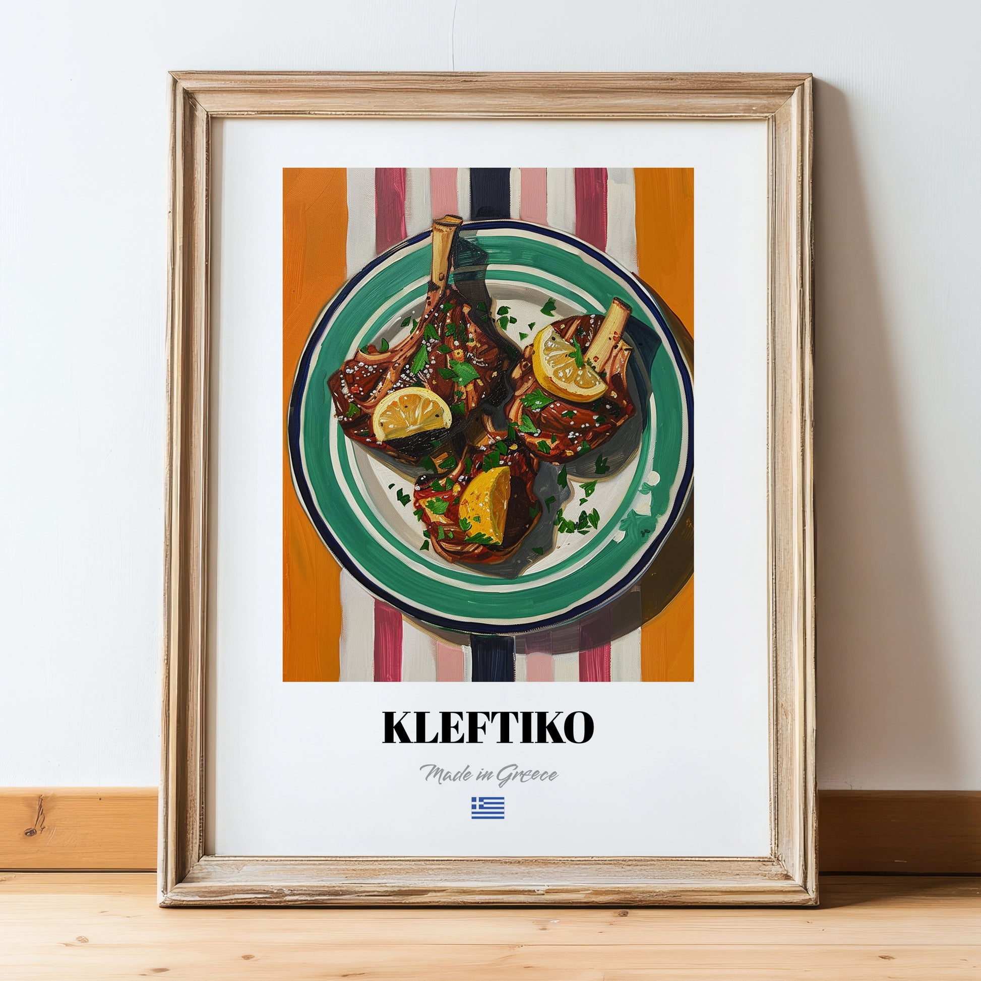Kleftiko – on Striped Tablecloth, Greek Food Illustration, in wooden frame leaning on the floor