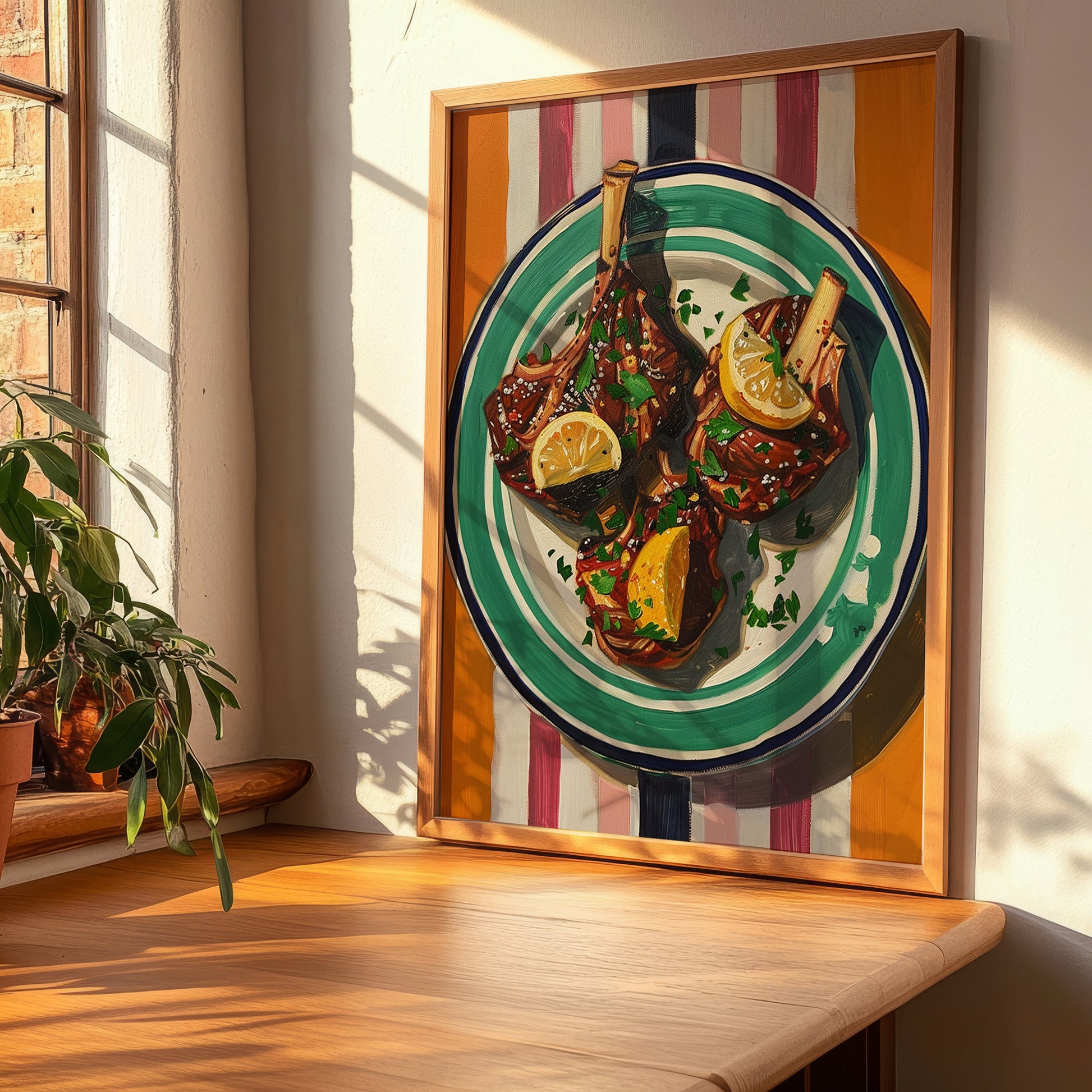 Kleftiko – on Striped Tablecloth, Greek Food Illustration, clean layout with no caption