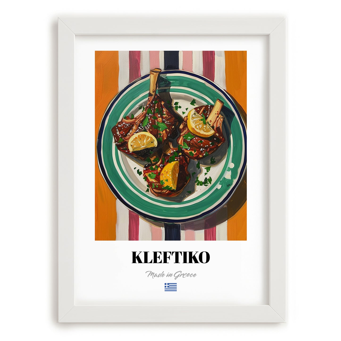 Kleftiko – on Striped Tablecloth, Greek Food Illustration, placed in minimal white frame