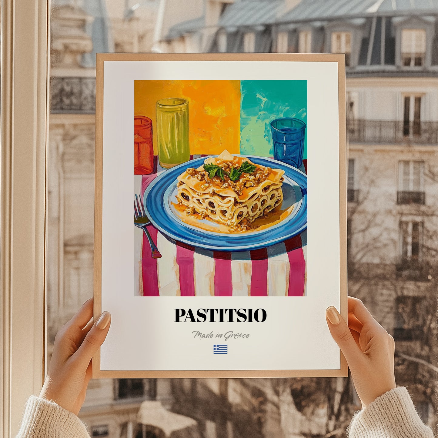Pastitsio – Colorful Oil Painting, Greek Pasta Still Life, styled in a charming Paris street view