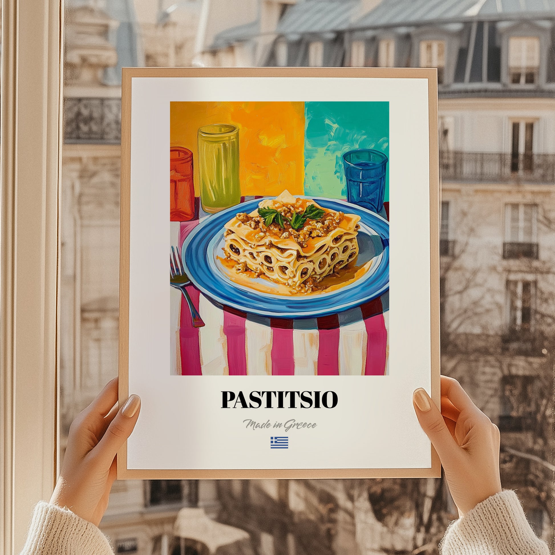 Pastitsio – Colorful Oil Painting, Greek Pasta Still Life, styled in a charming Paris street view