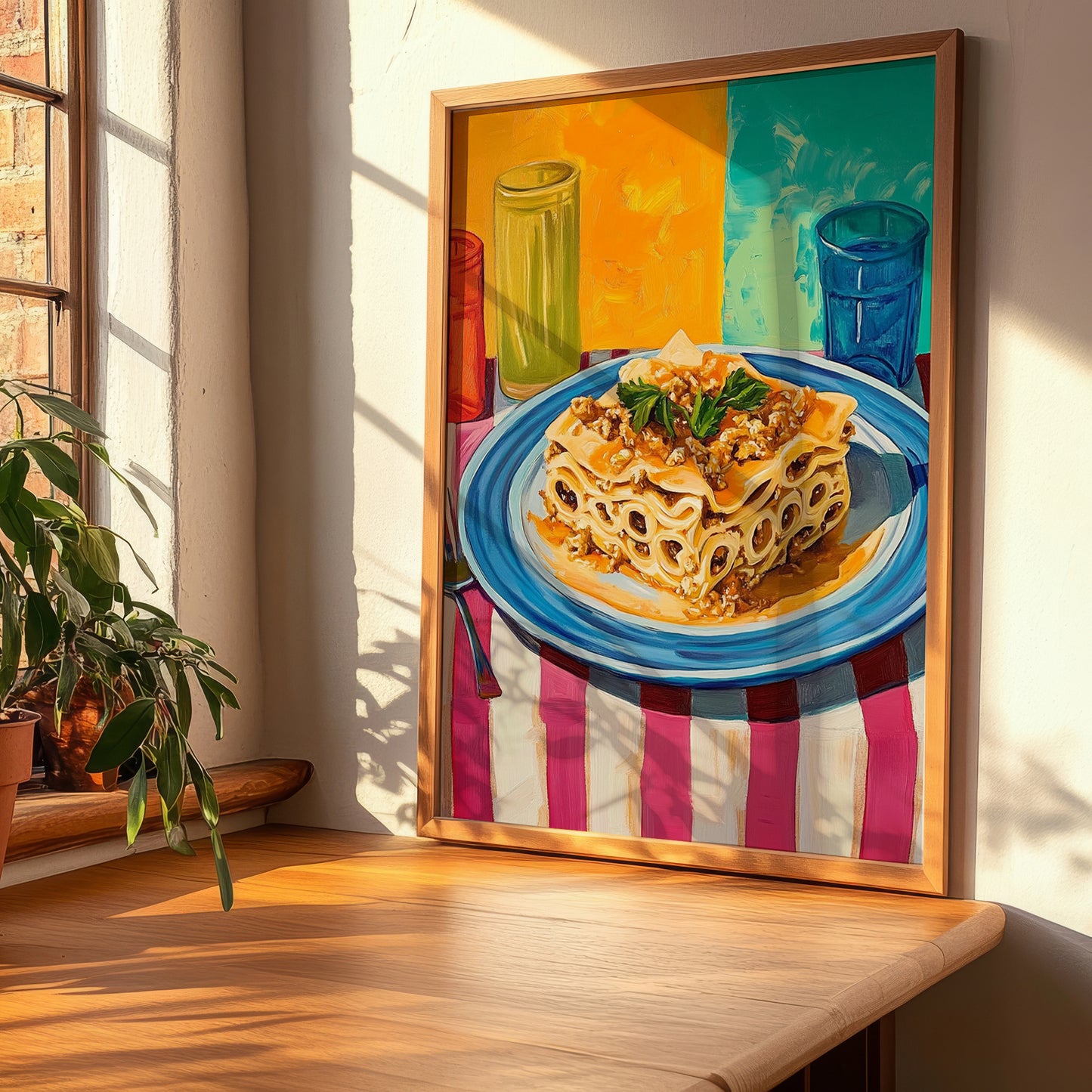 Pastitsio – Colorful Oil Painting, Greek Pasta Still Life, clean layout with no caption