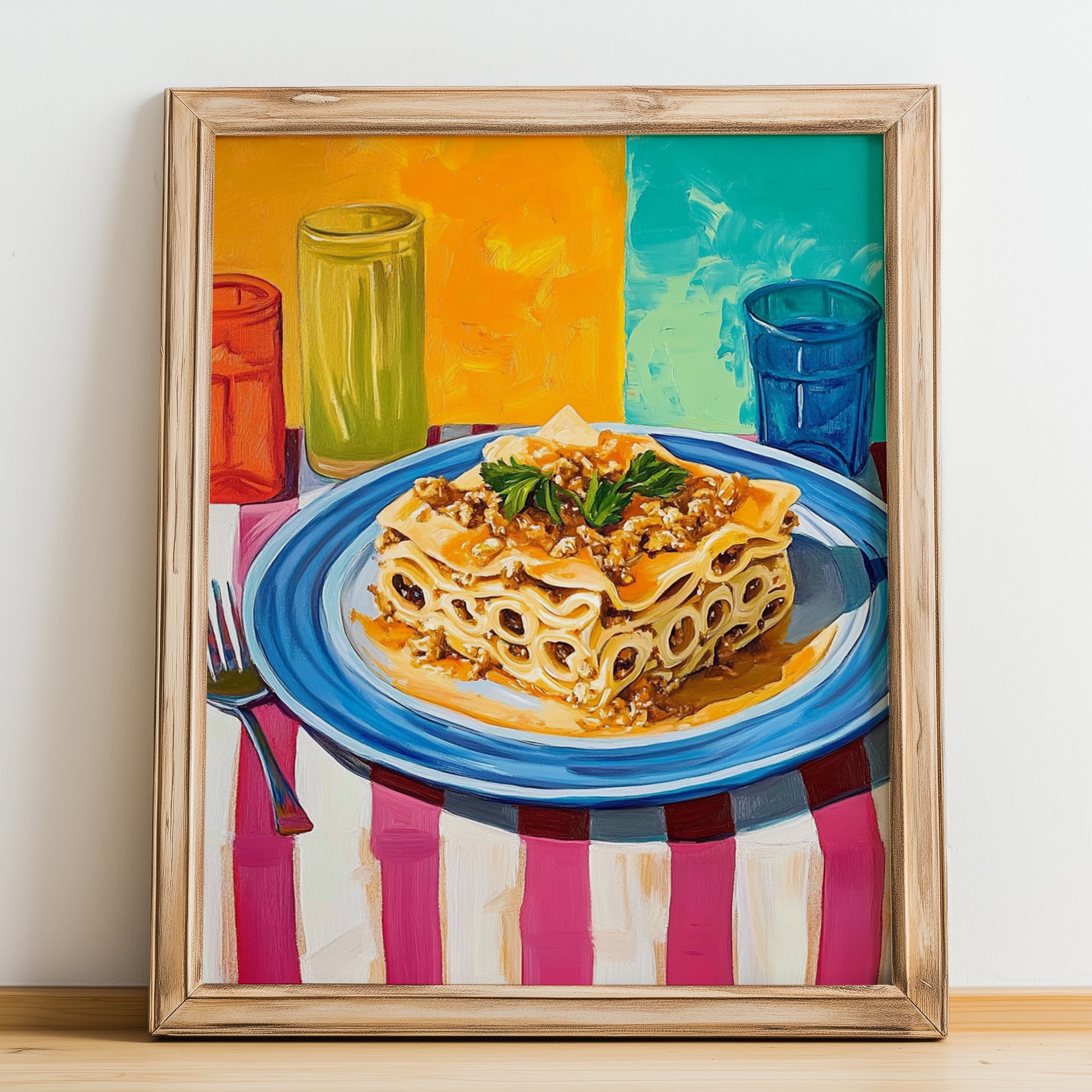 Pastitsio – Colorful Oil Painting, Greek Pasta Still Life, no-text version framed in wood