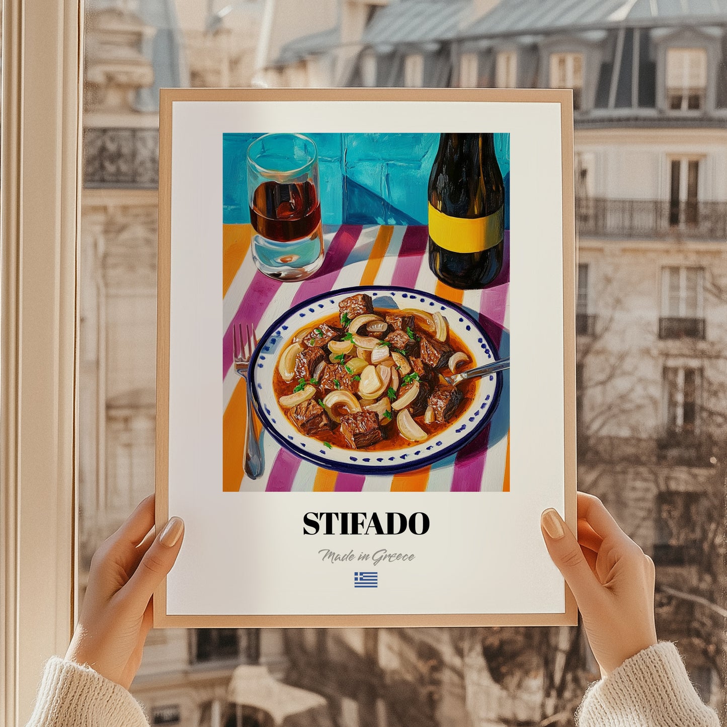 Stifado – Art, Greek Food Painting, styled in a charming Paris street view