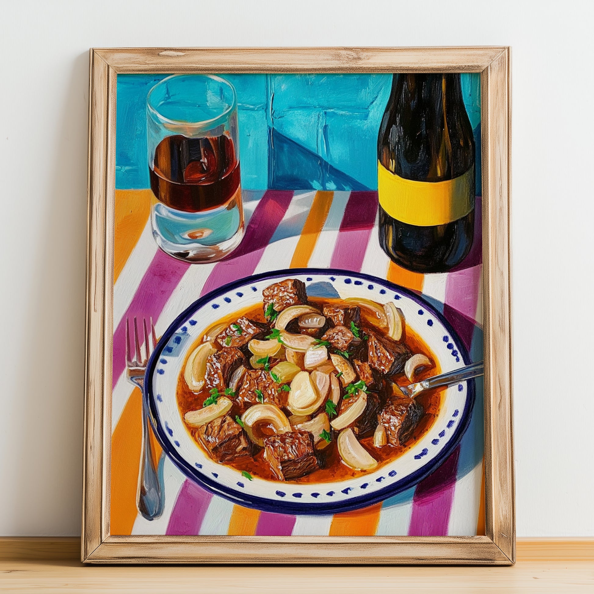 Stifado – Art, Greek Food Painting, no-text version framed in wood