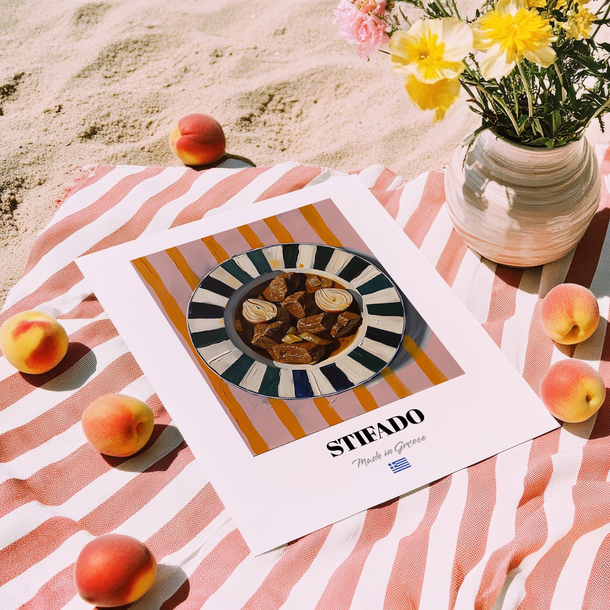 Stifado – on Striped Tablecloth, Greek Food Illustration, unframed on coastal sand