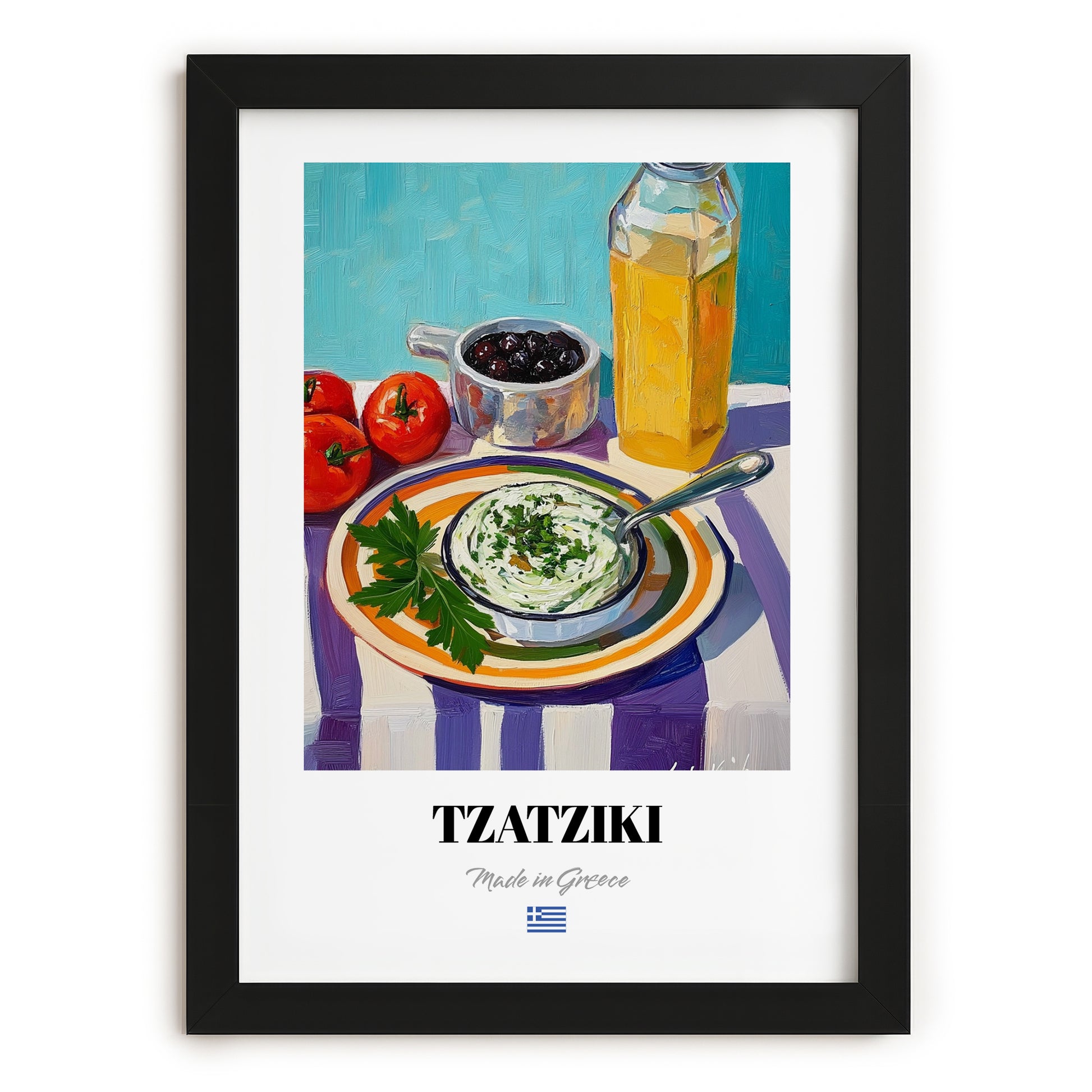 Tzatziki – Colorful Oil Painting, Greek Food Still Life, in sleek black frame