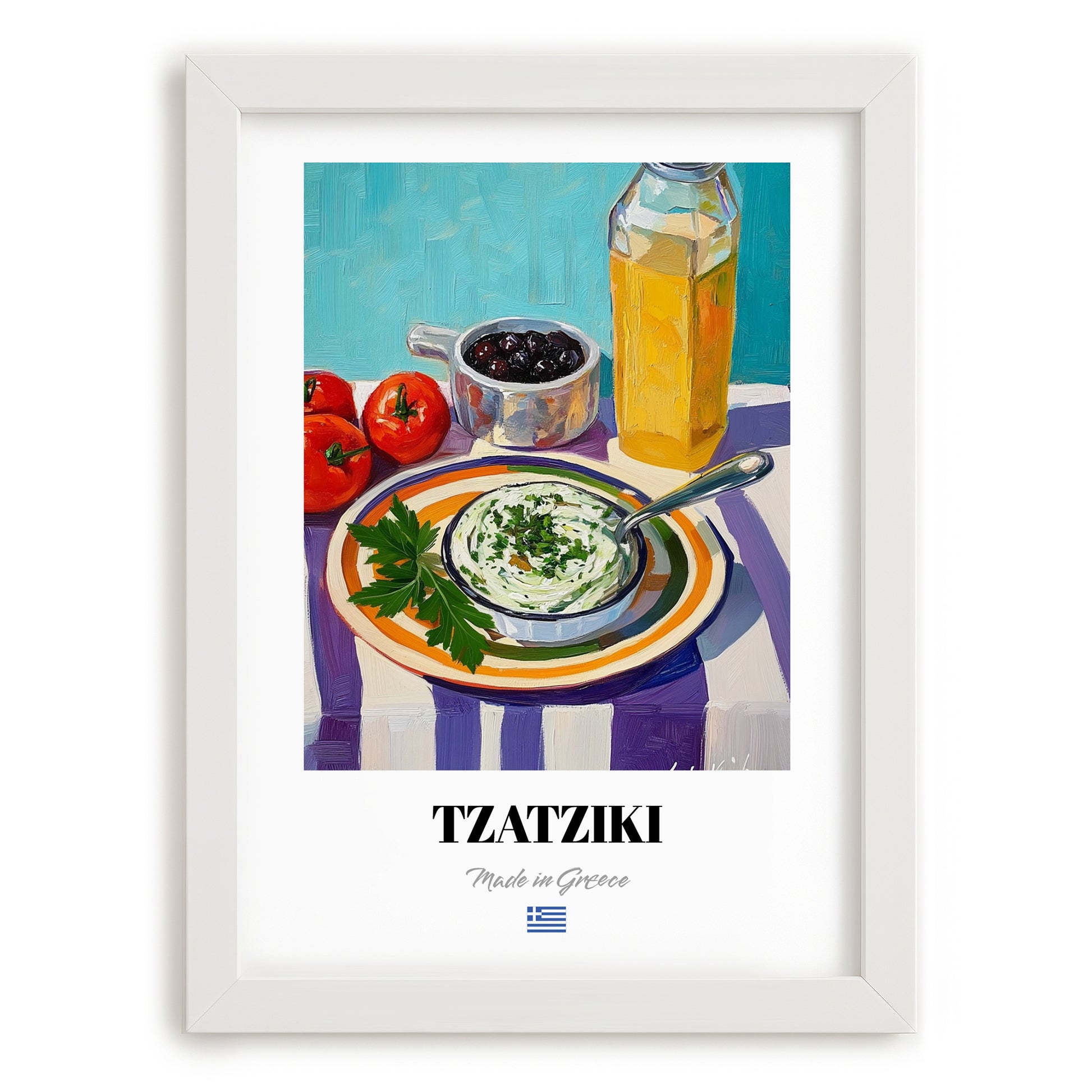 Tzatziki – Colorful Oil Painting, Greek Food Still Life, placed in minimal white frame