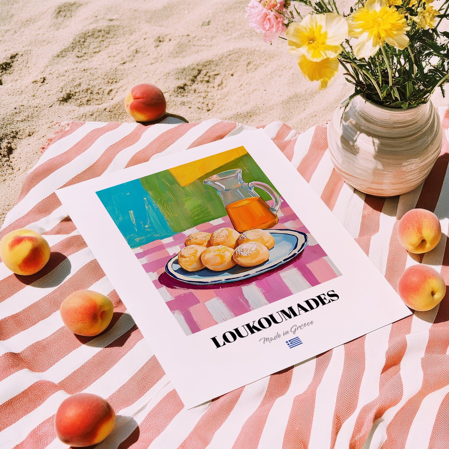 Loukoumades – Art, Greek Dessert Wall Decor, unframed on coastal sand