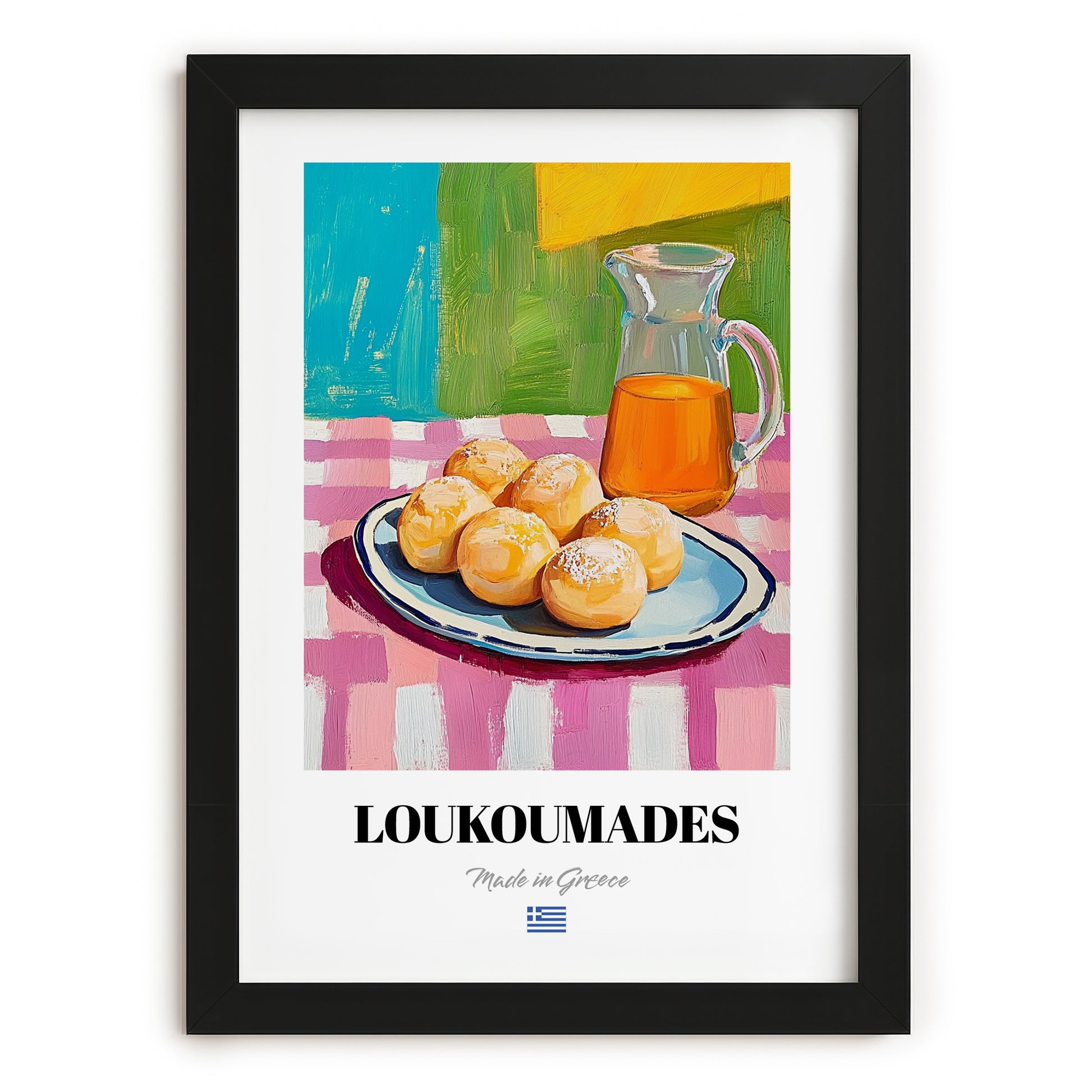 Loukoumades – Art, Greek Dessert Wall Decor, in sleek black frame