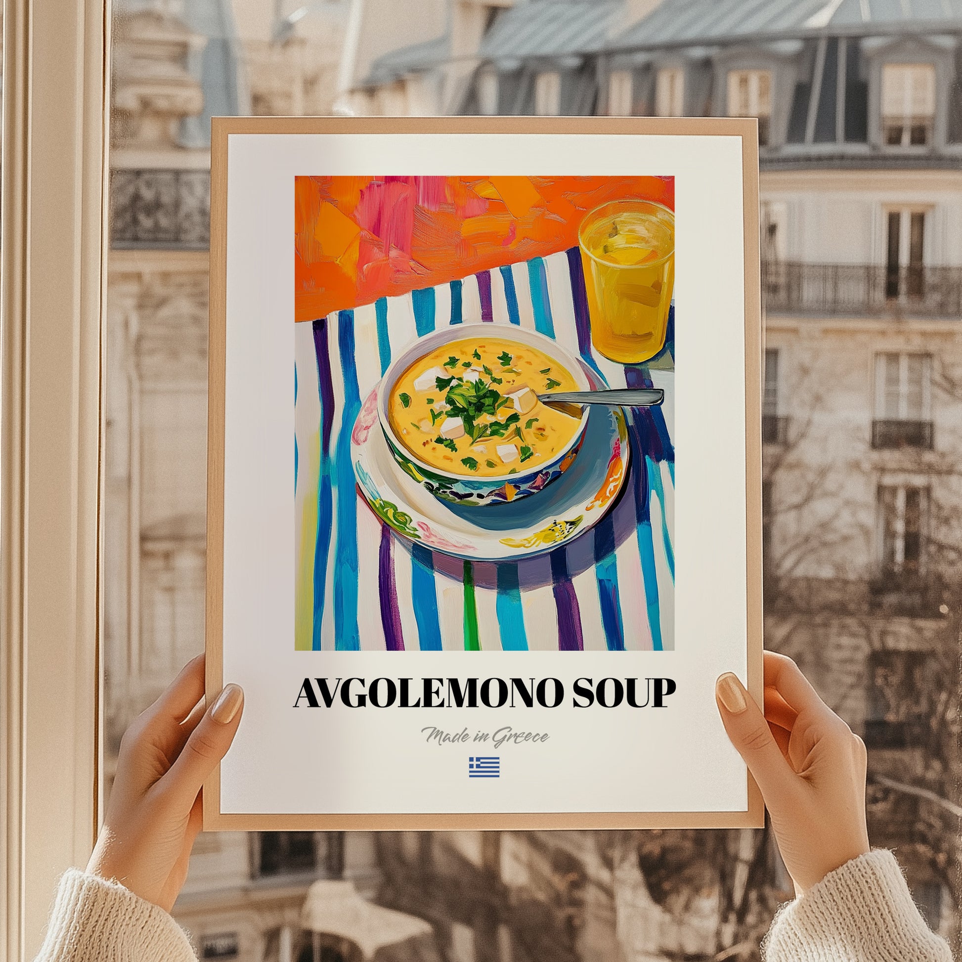 Avgolemono Soup – Colorful Oil Painting, Greek Food Still Life, styled in a charming Paris street view