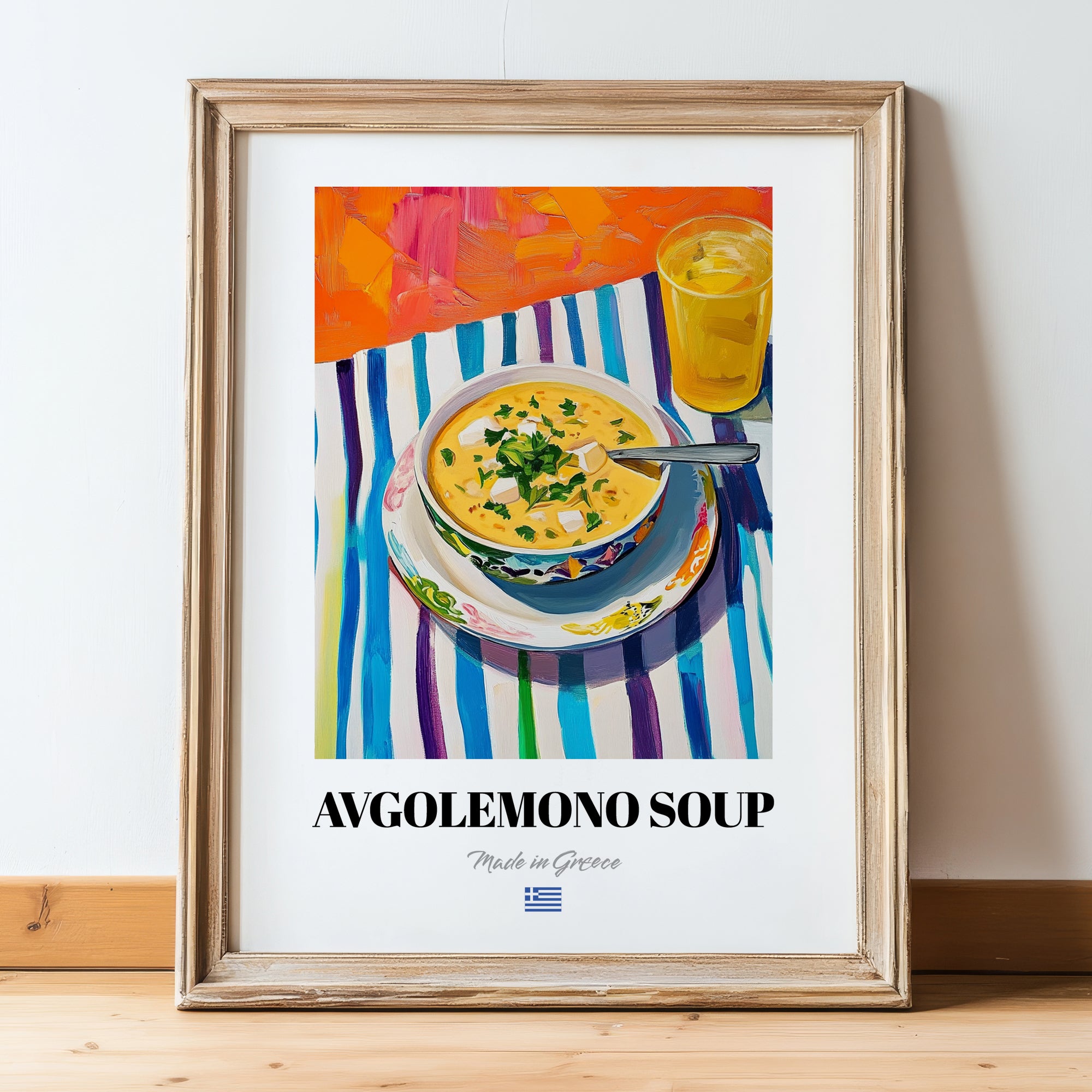 Avgolemono Soup – Colorful Oil Painting, Greek Food Still Life, in wooden frame leaning on the floor