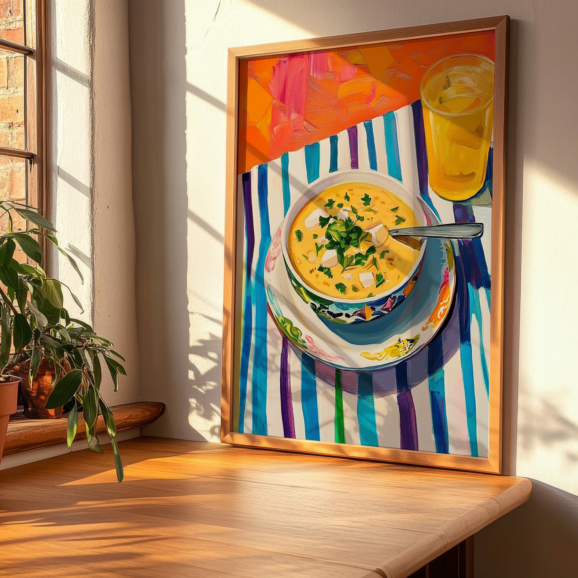 Avgolemono Soup – Colorful Oil Painting, Greek Food Still Life, clean layout with no caption