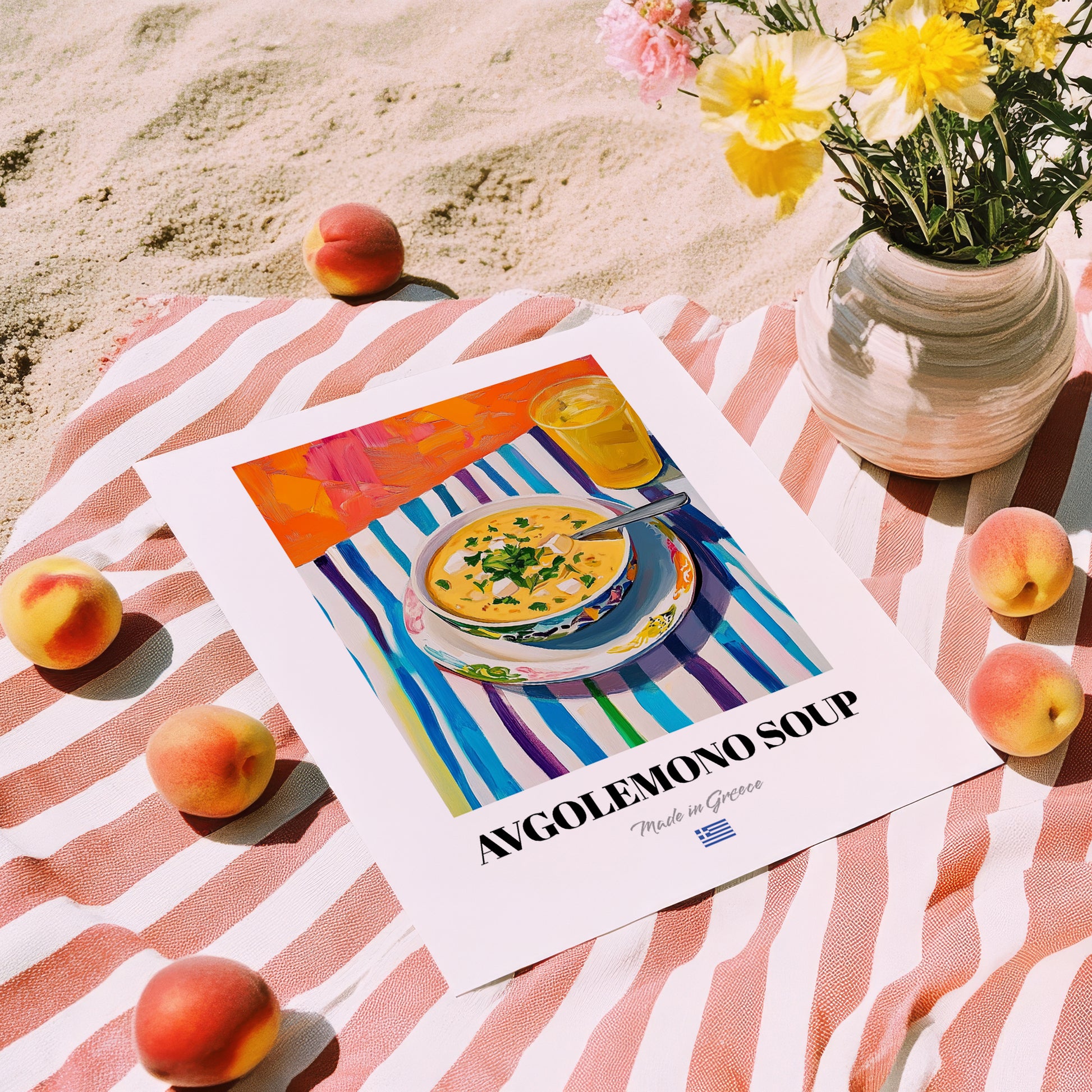 Avgolemono Soup – Colorful Oil Painting, Greek Food Still Life, unframed on coastal sand