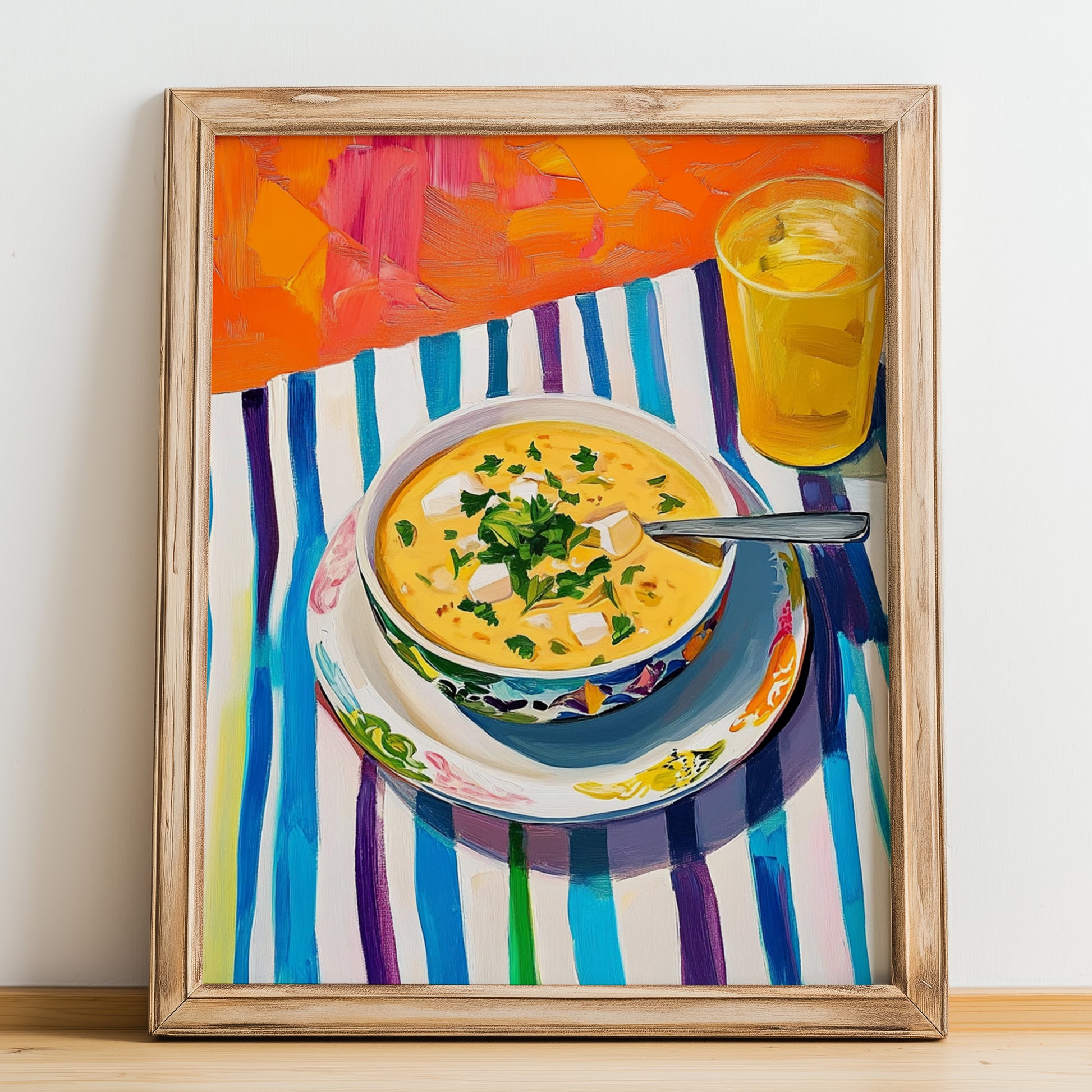 Avgolemono Soup – Colorful Oil Painting, Greek Food Still Life, no-text version framed in wood