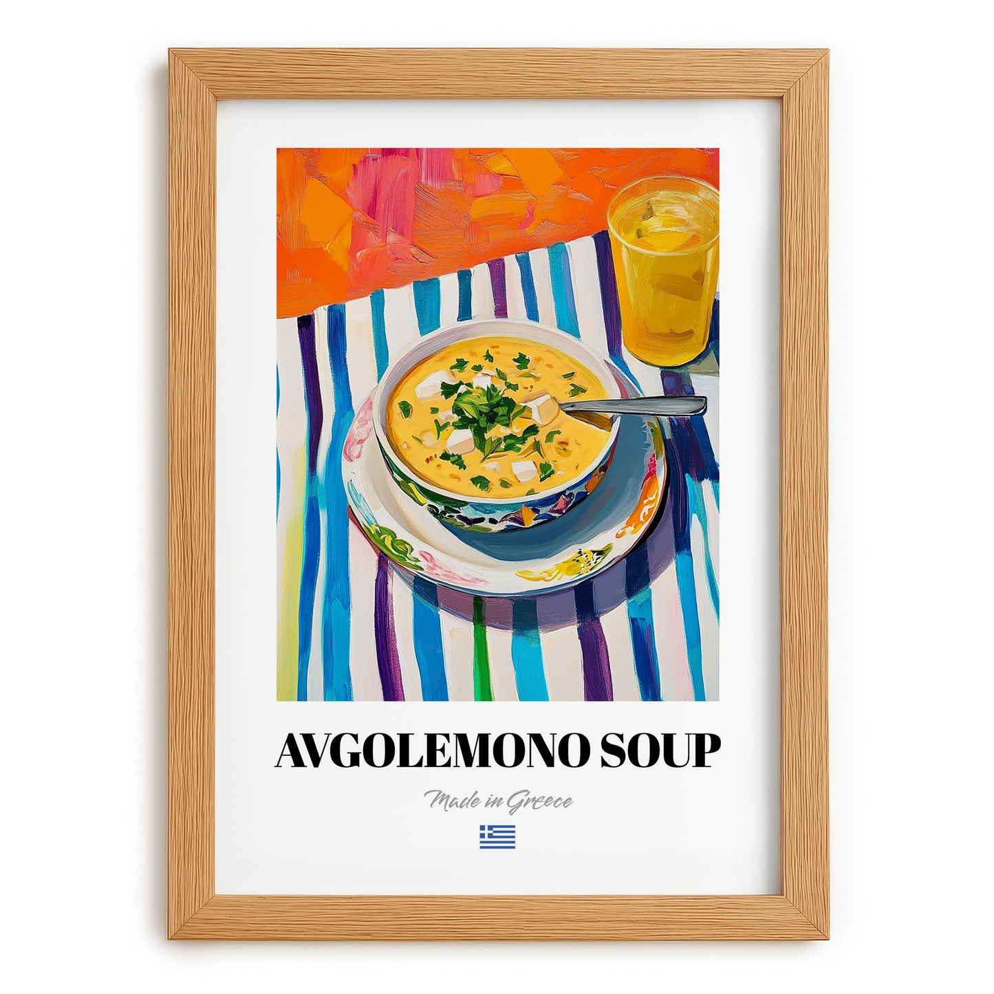 Avgolemono Soup – Colorful Oil Painting, Greek Food Still Life, set in oak frame