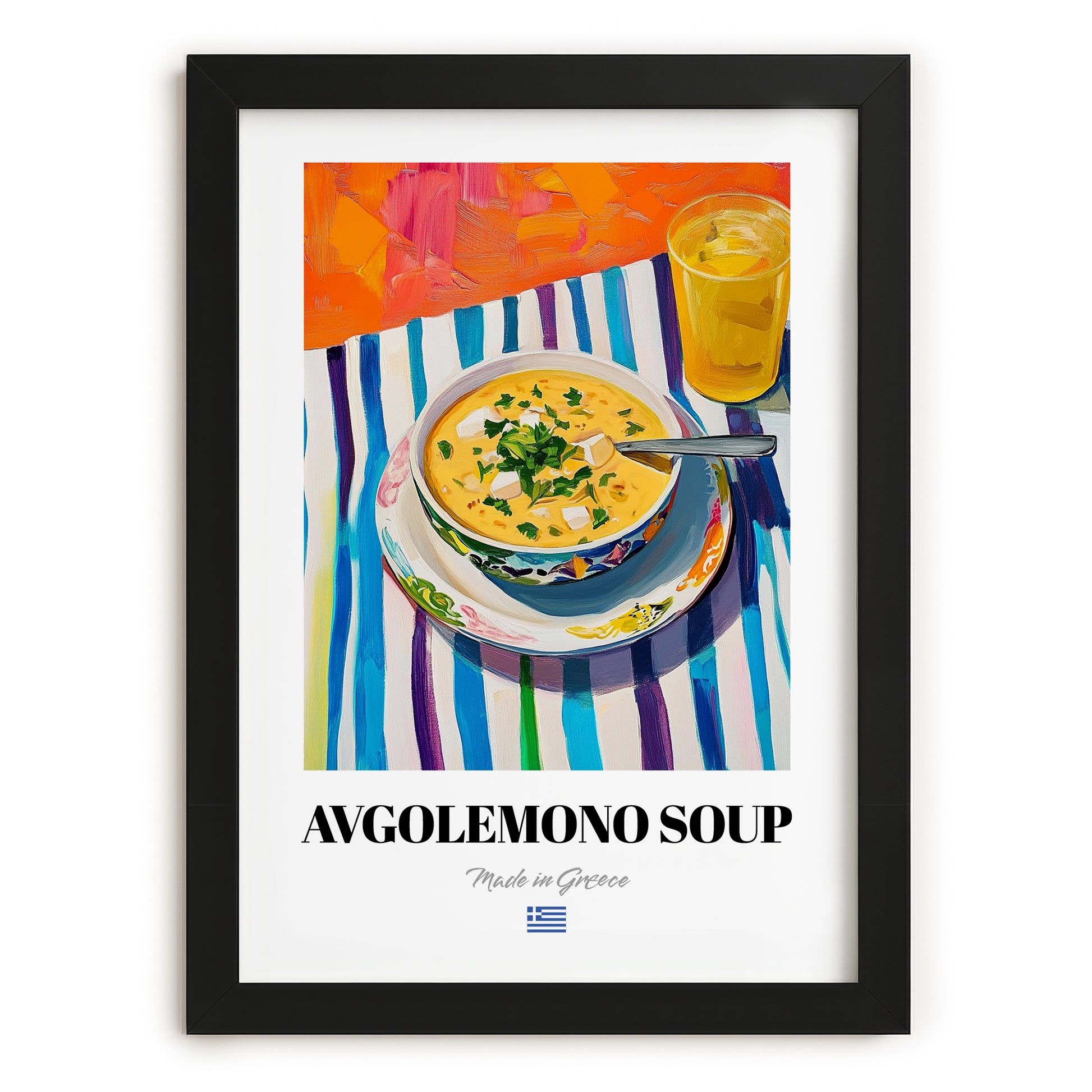 Avgolemono Soup – Colorful Oil Painting, Greek Food Still Life, in sleek black frame