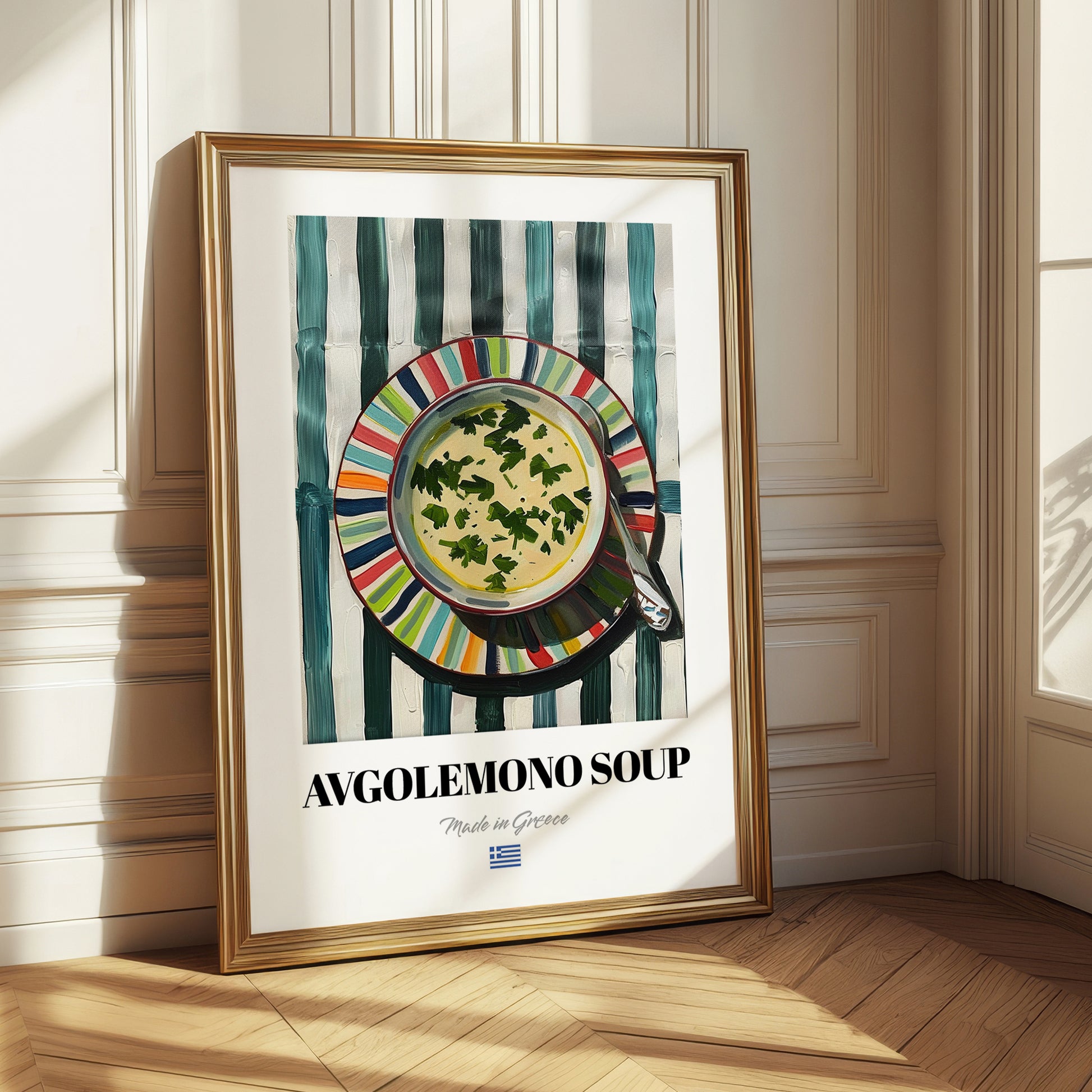 Avgolemono Soup – on Striped Tablecloth, Greek Food Wall Decor