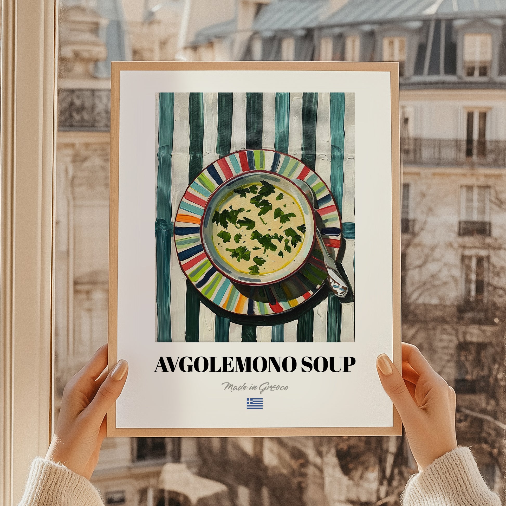 Avgolemono Soup – on Striped Tablecloth, Greek Food Wall Decor, styled in a charming Paris street view