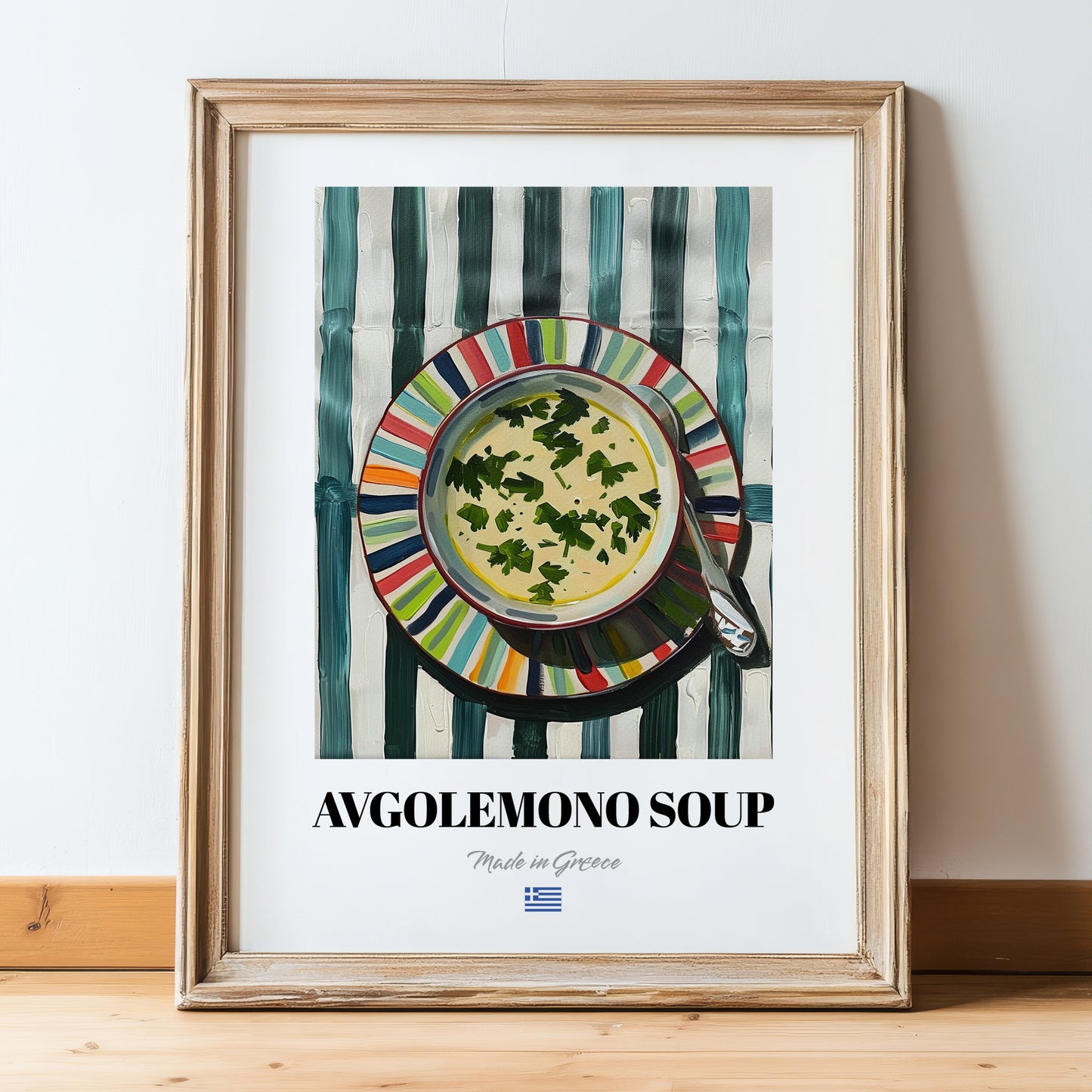 Avgolemono Soup – on Striped Tablecloth, Greek Food Wall Decor, in wooden frame leaning on the floor