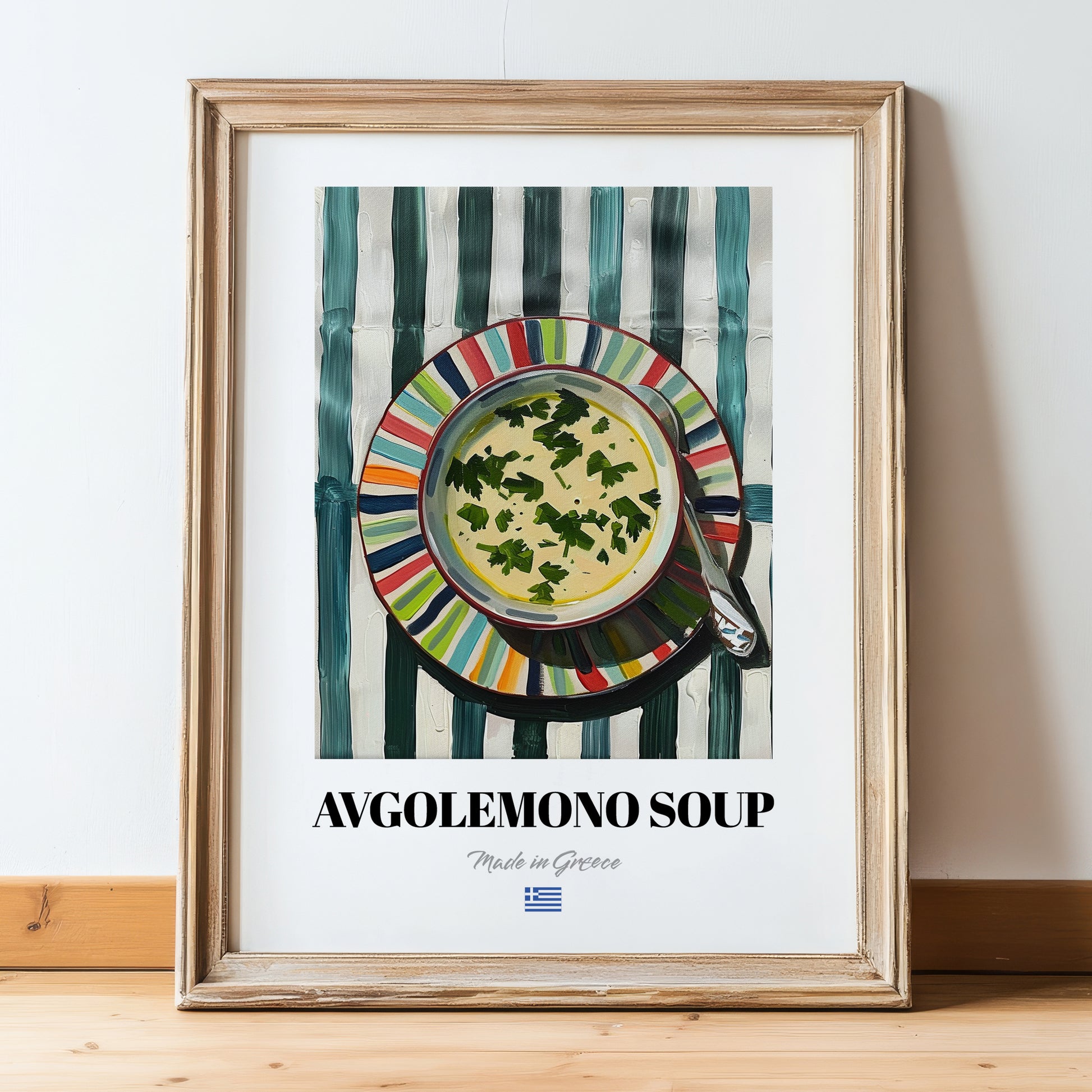 Avgolemono Soup – on Striped Tablecloth, Greek Food Wall Decor, in wooden frame leaning on the floor