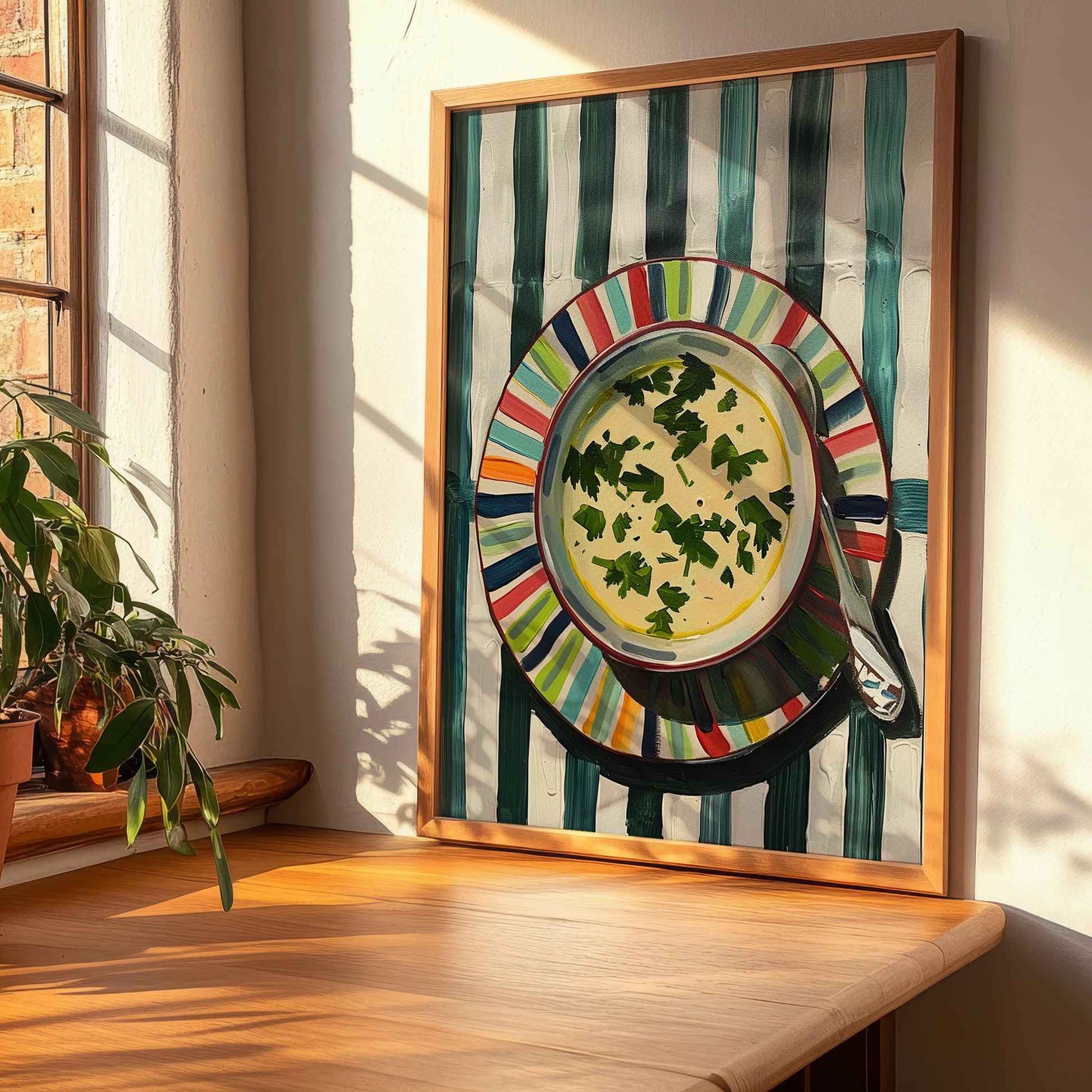 Avgolemono Soup – on Striped Tablecloth, Greek Food Wall Decor, clean layout with no caption