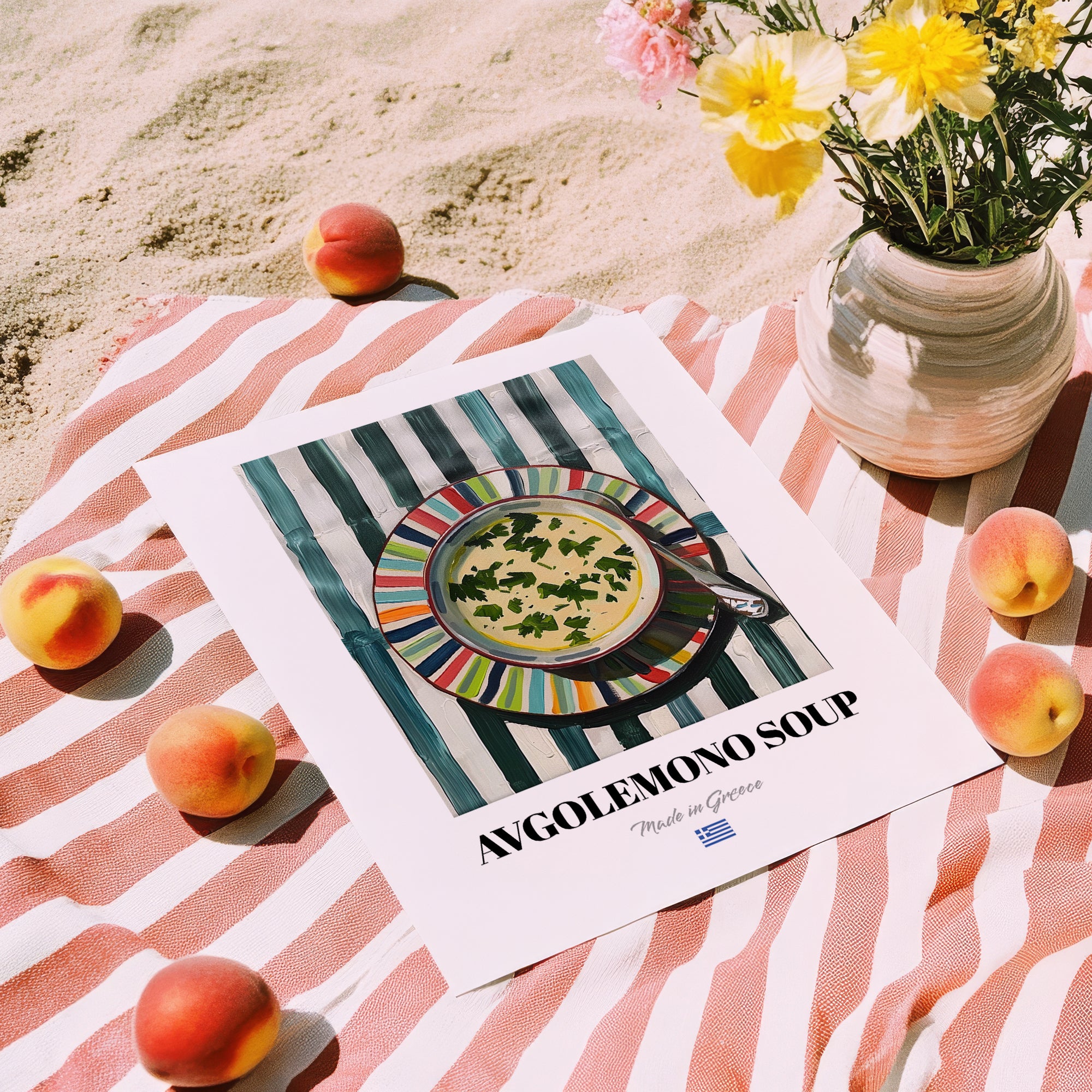 Avgolemono Soup – on Striped Tablecloth, Greek Food Wall Decor, unframed on coastal sand