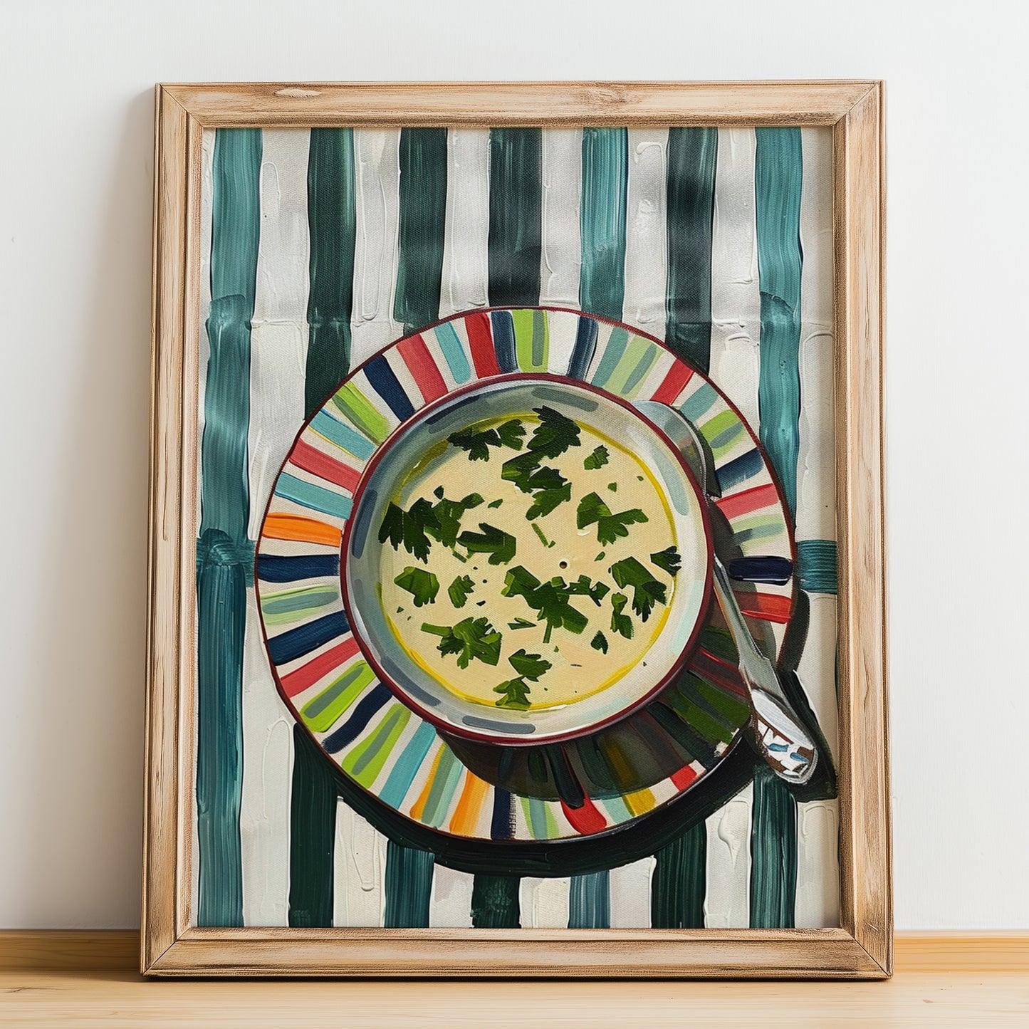 Avgolemono Soup – on Striped Tablecloth, Greek Food Wall Decor, no-text version framed in wood