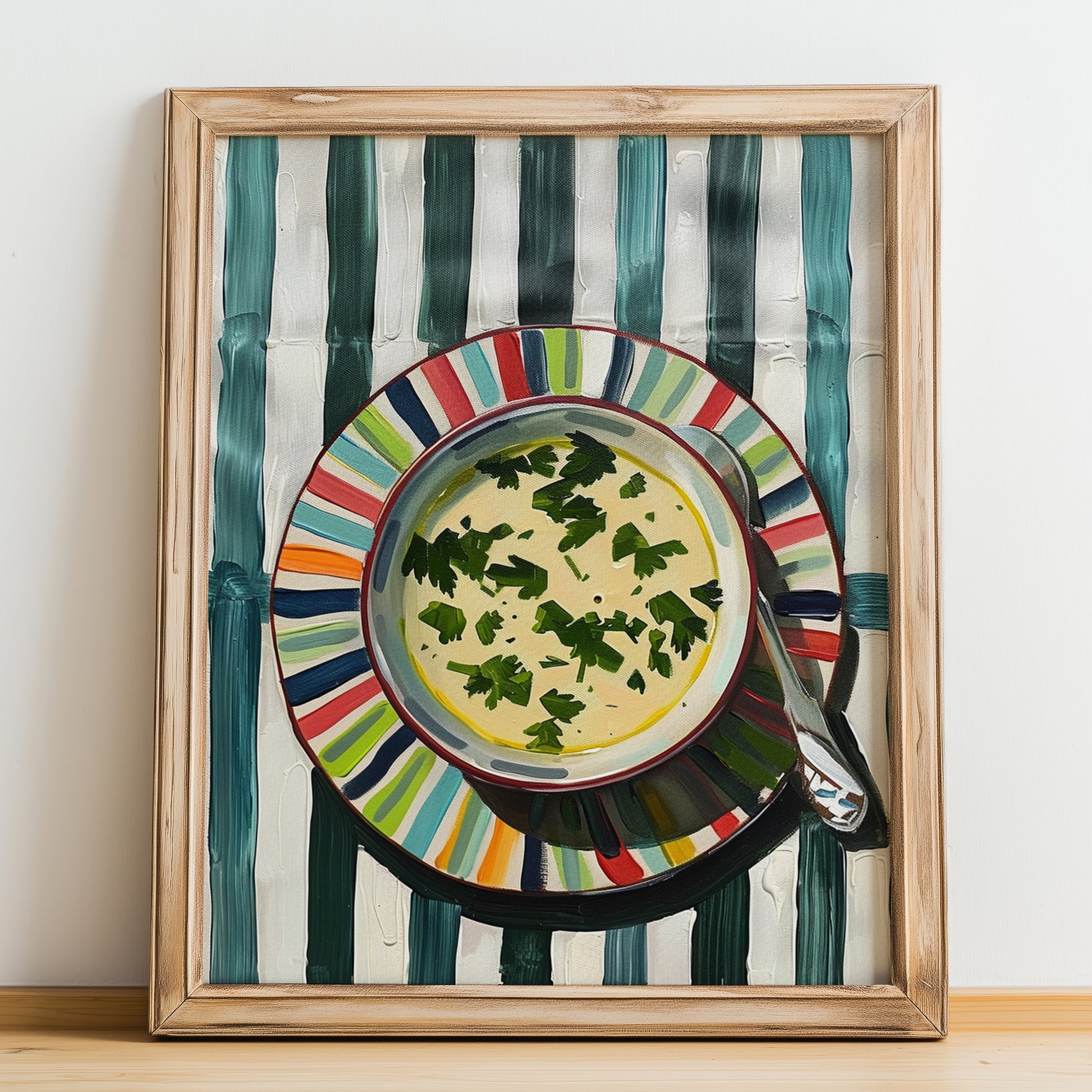 Avgolemono Soup – on Striped Tablecloth, Greek Food Wall Decor, no-text version framed in wood