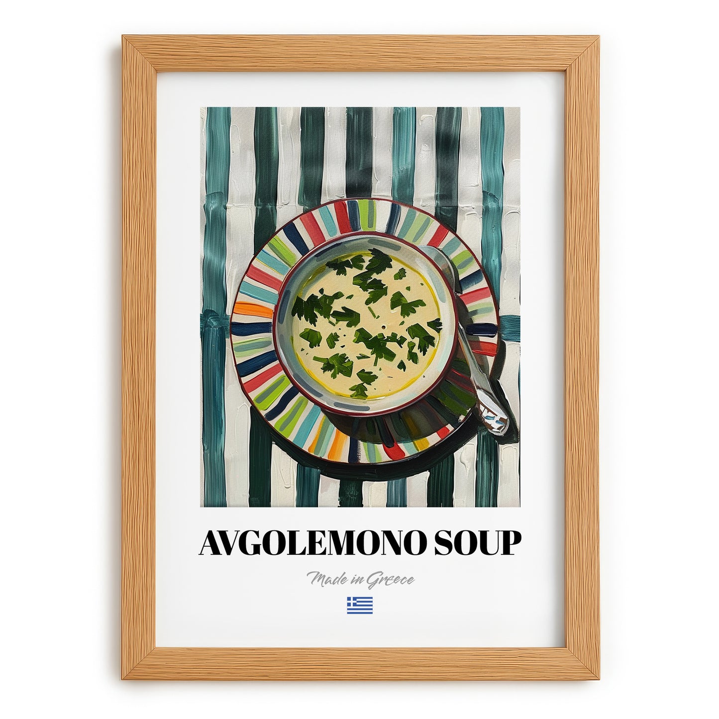 Avgolemono Soup – on Striped Tablecloth, Greek Food Wall Decor, set in oak frame