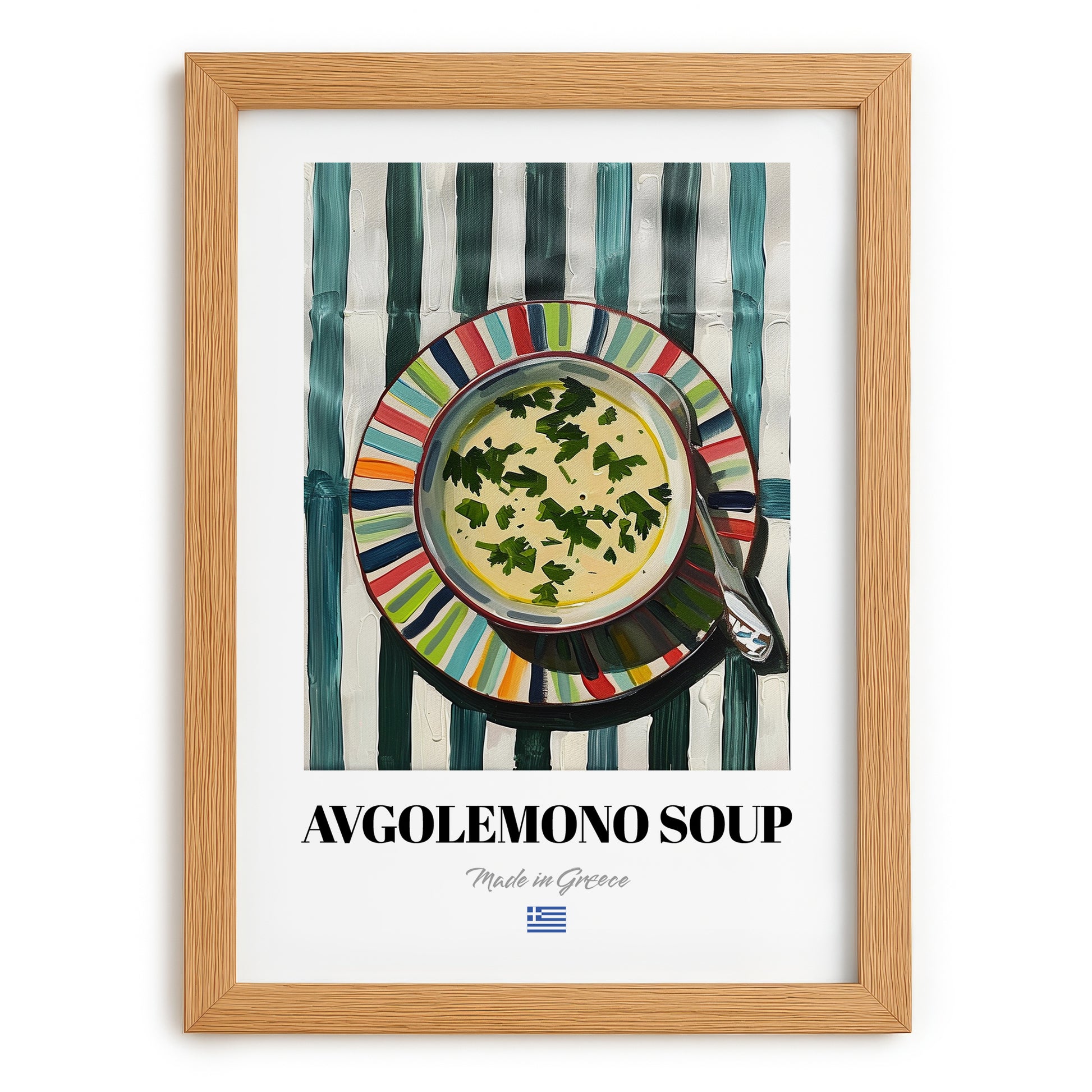 Avgolemono Soup – on Striped Tablecloth, Greek Food Wall Decor, set in oak frame