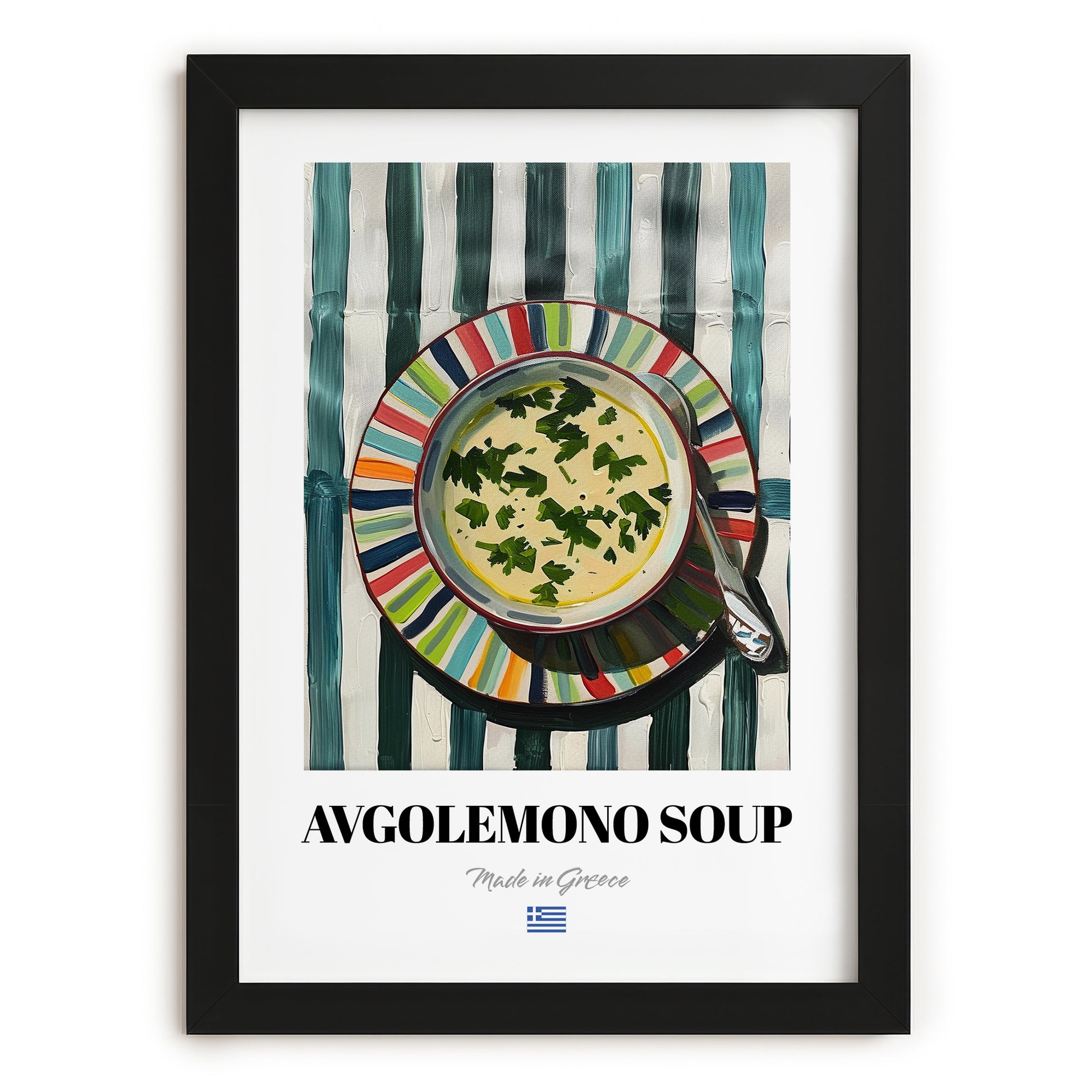 Avgolemono Soup – on Striped Tablecloth, Greek Food Wall Decor, in sleek black frame