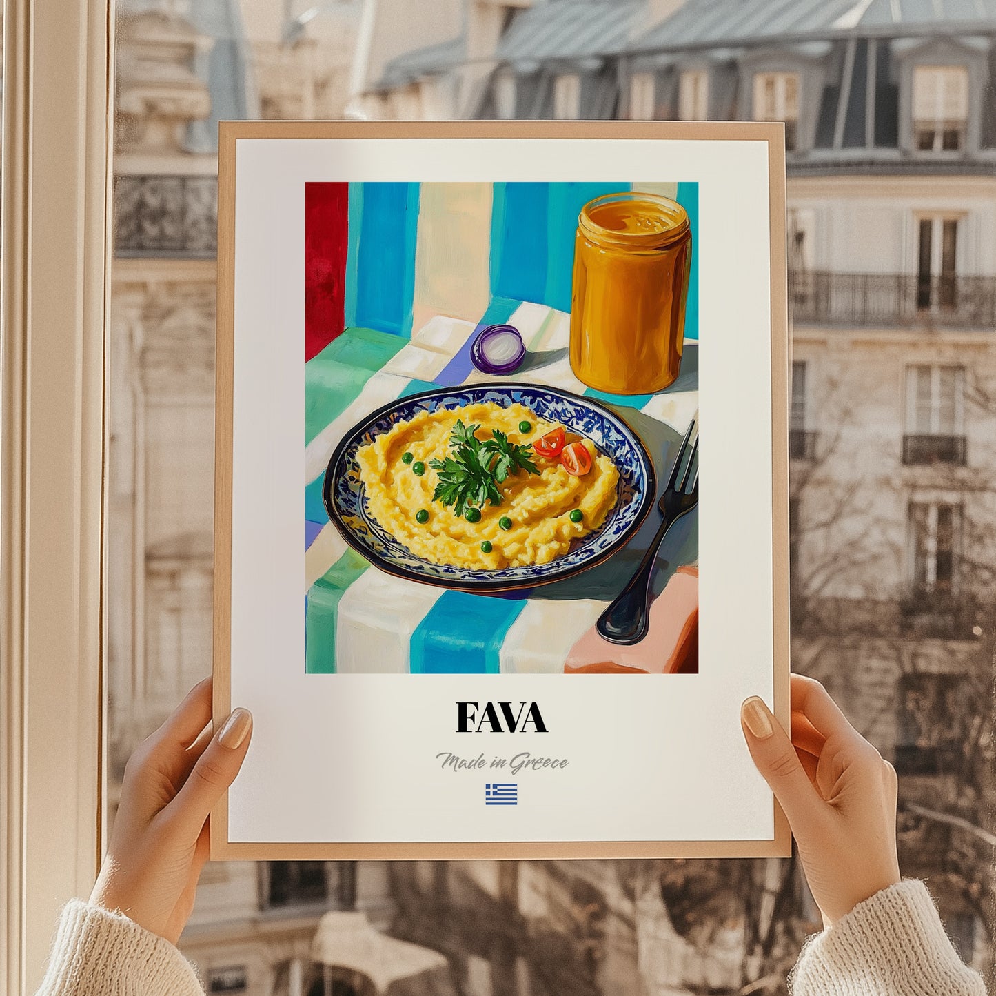 Fava – Colorful Oil Painting, Greek Food Wall Decor, styled in a charming Paris street view