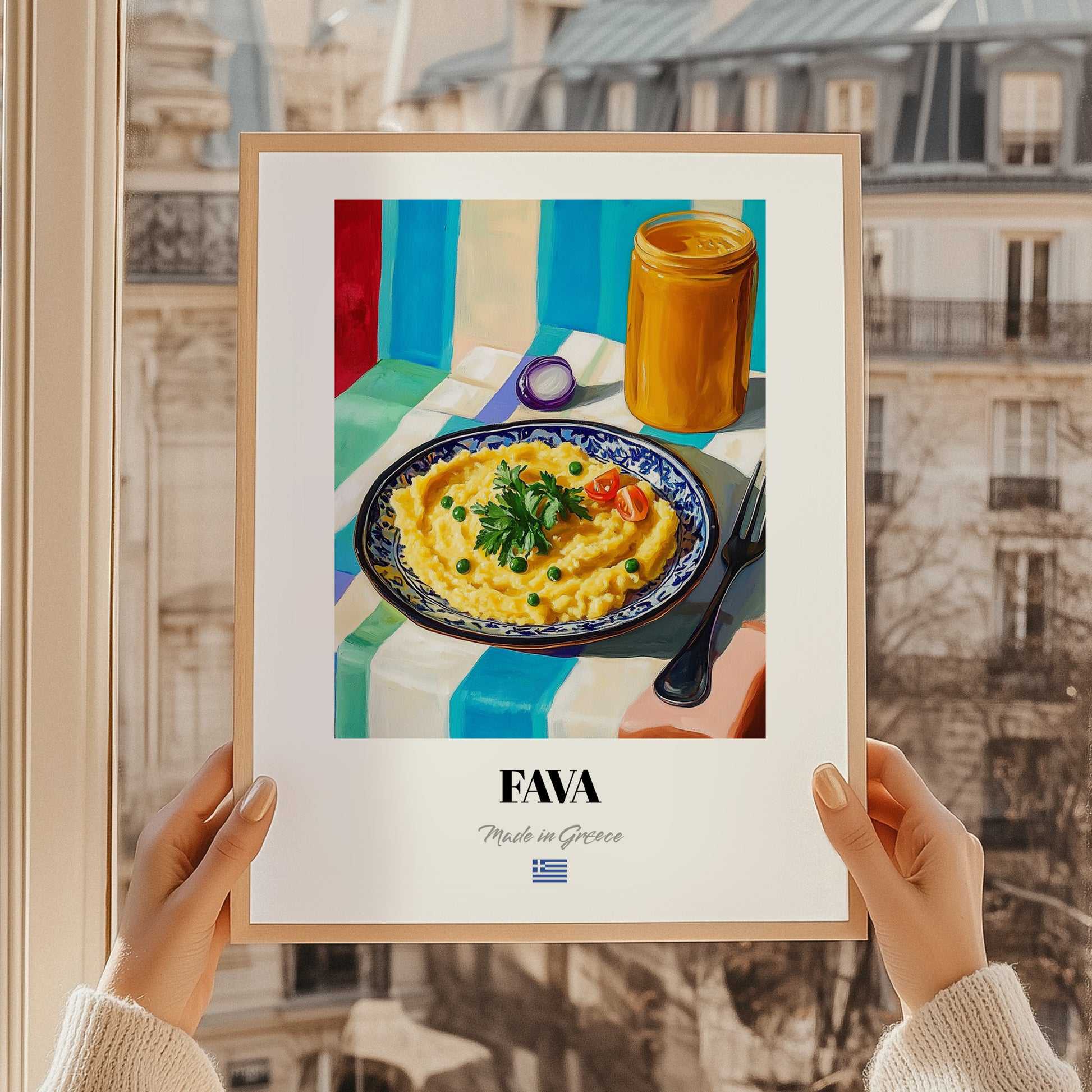 Fava – Colorful Oil Painting, Greek Food Wall Decor, styled in a charming Paris street view
