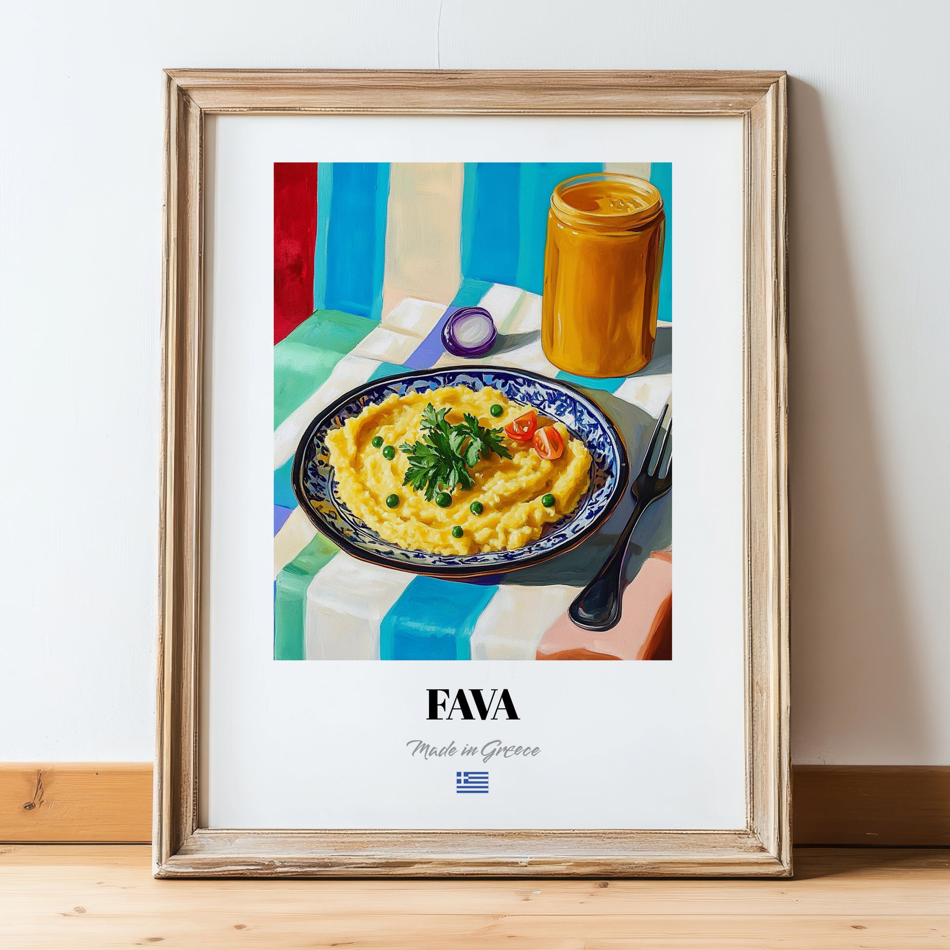 Fava – Colorful Oil Painting, Greek Food Wall Decor, in wooden frame leaning on the floor