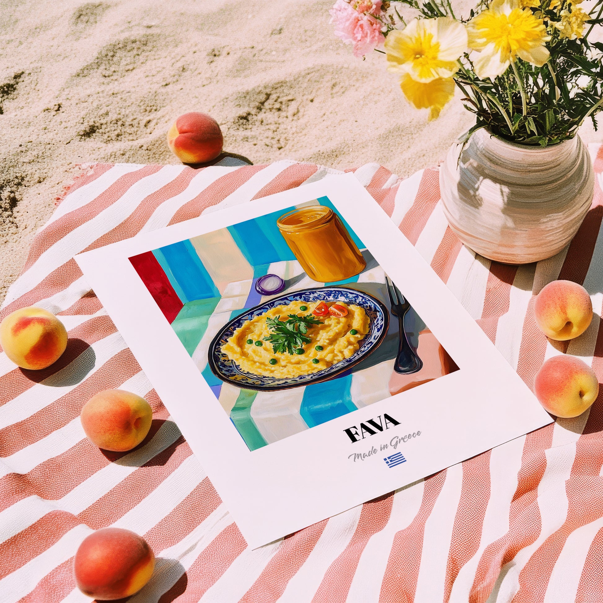 Fava – Colorful Oil Painting, Greek Food Wall Decor, unframed on coastal sand