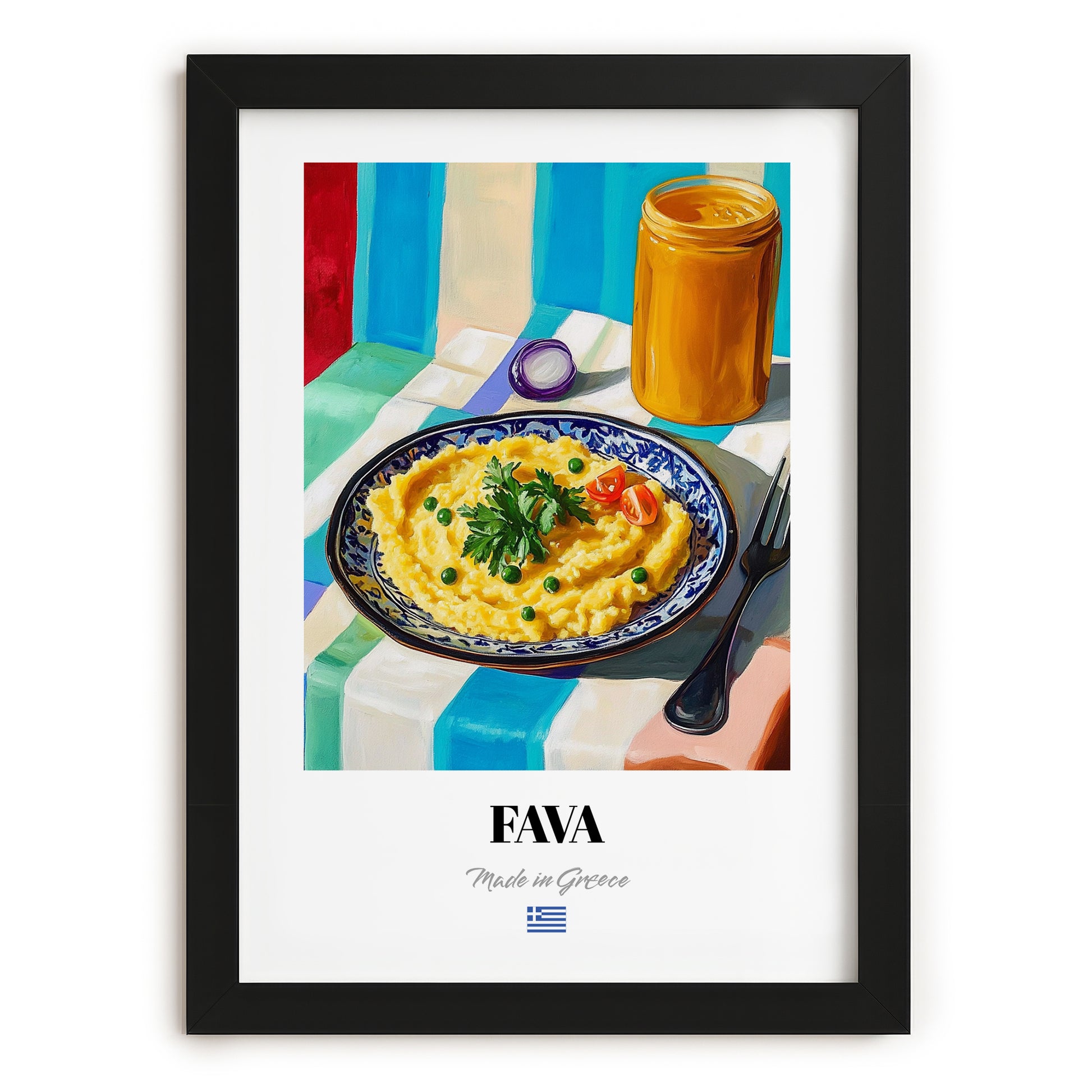 Fava – Colorful Oil Painting, Greek Food Wall Decor, in sleek black frame
