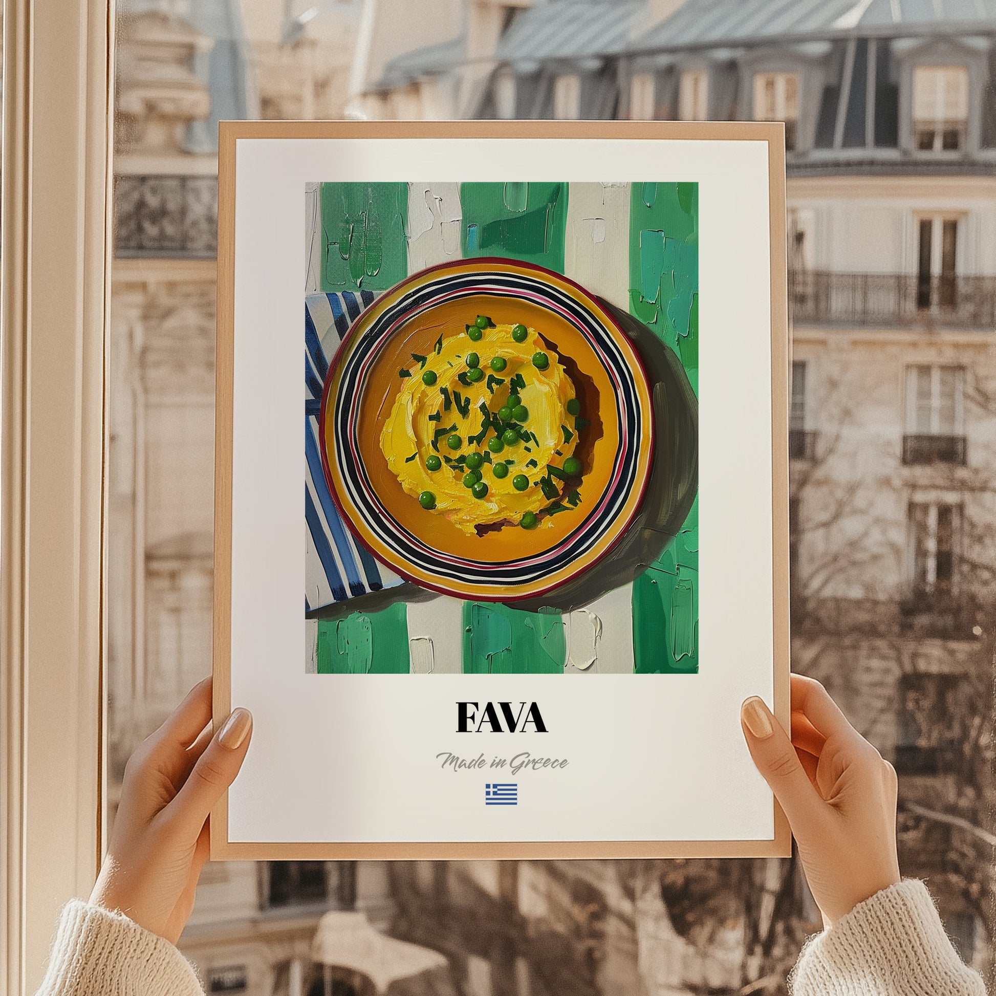 Fava – on Striped Tablecloth, Greek Food Wall Decor, styled in a charming Paris street view