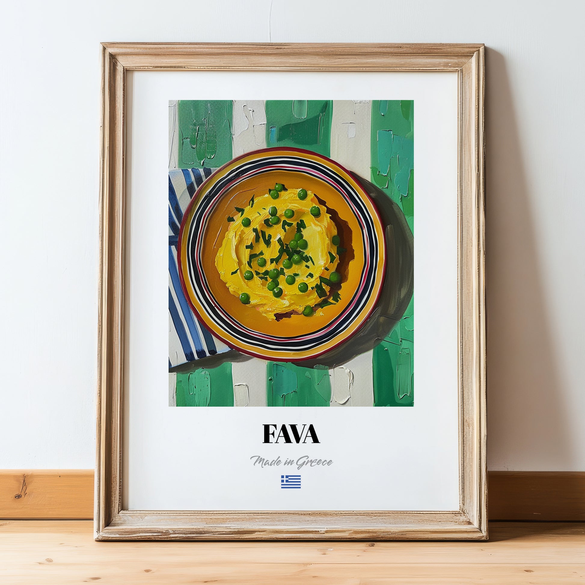 Fava – on Striped Tablecloth, Greek Food Wall Decor, in wooden frame leaning on the floor