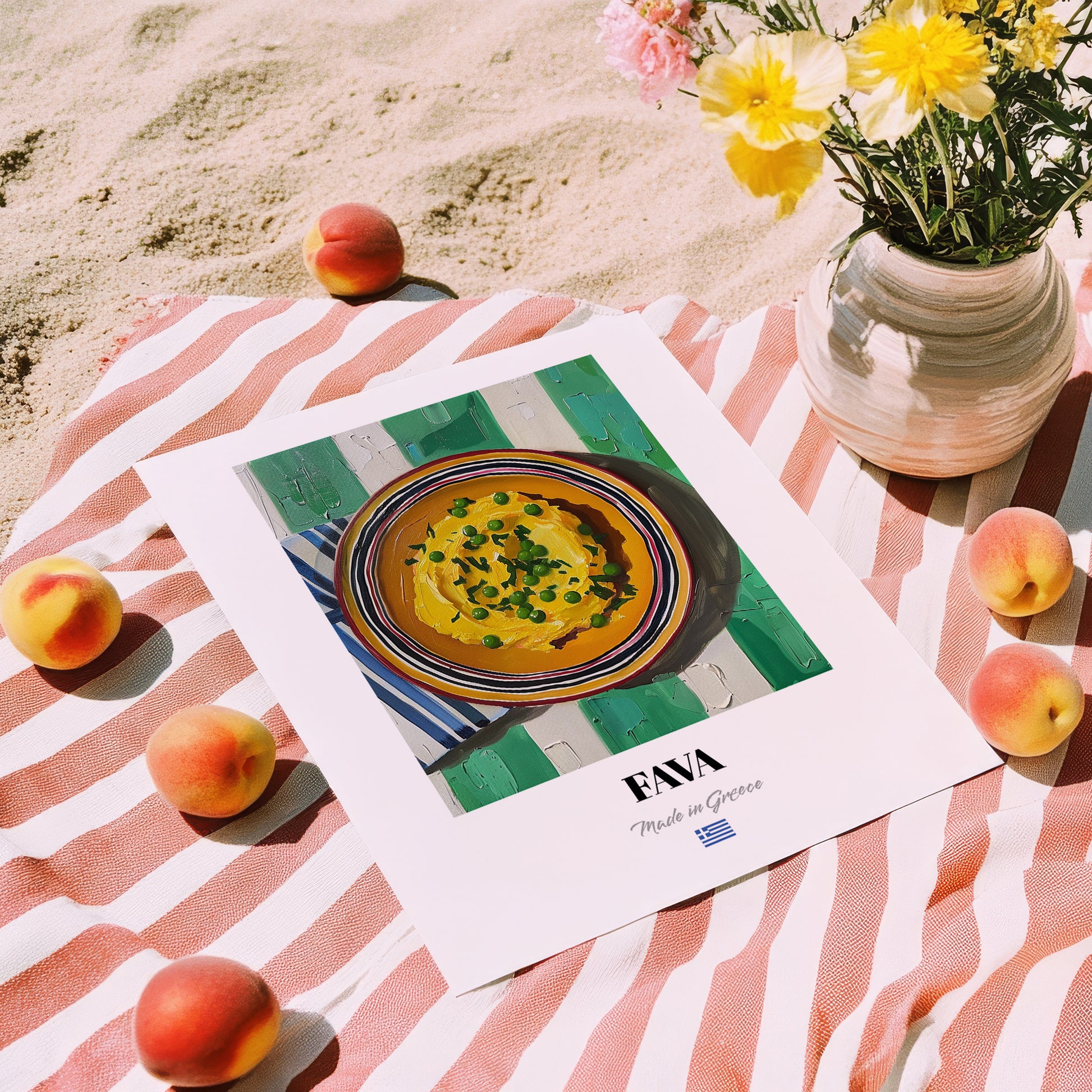 Fava – on Striped Tablecloth, Greek Food Wall Decor, unframed on coastal sand