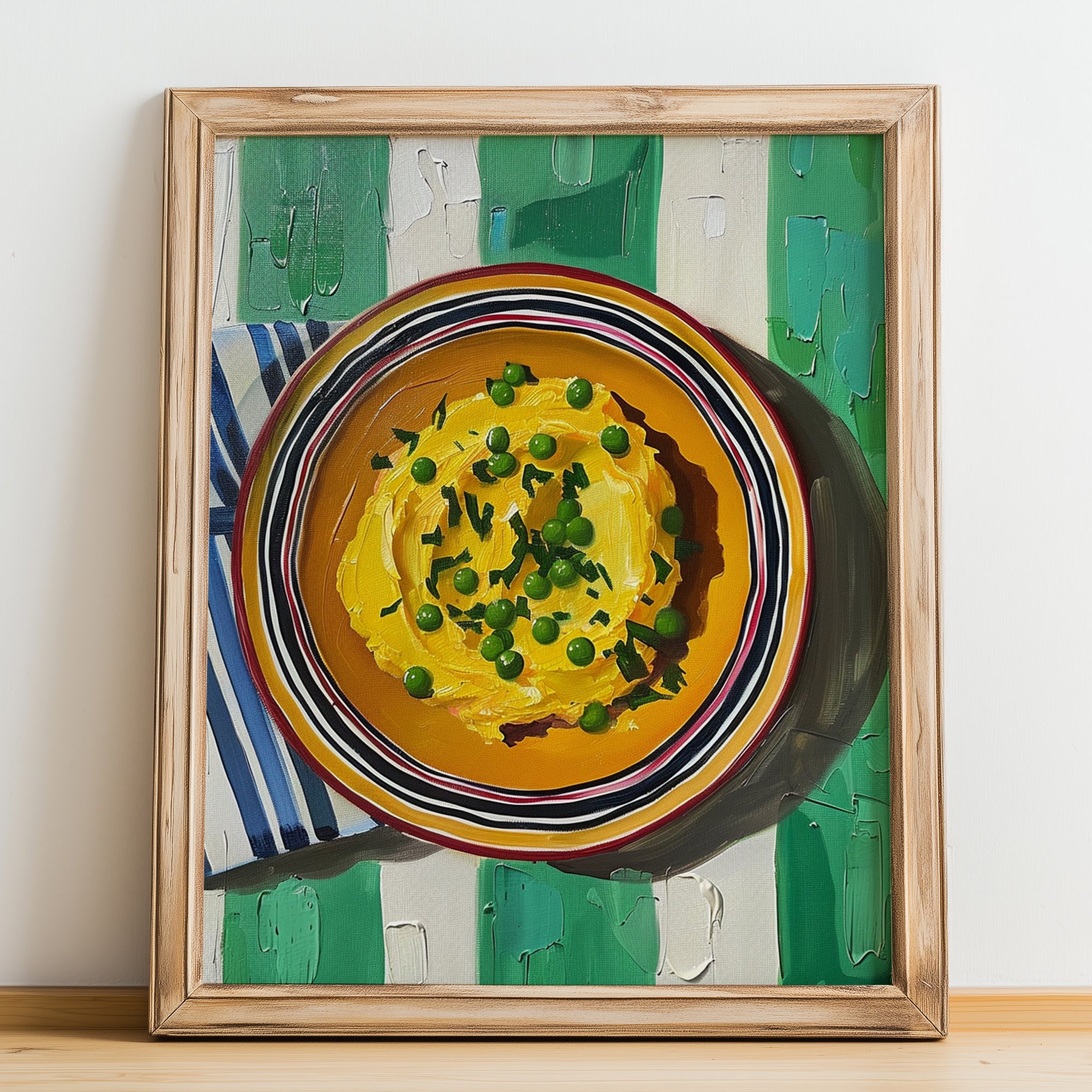 Fava – on Striped Tablecloth, Greek Food Wall Decor, no-text version framed in wood