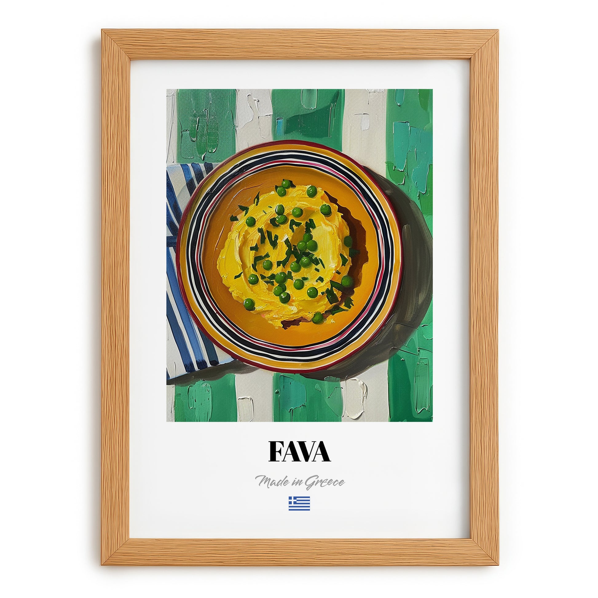 Fava – on Striped Tablecloth, Greek Food Wall Decor, set in oak frame