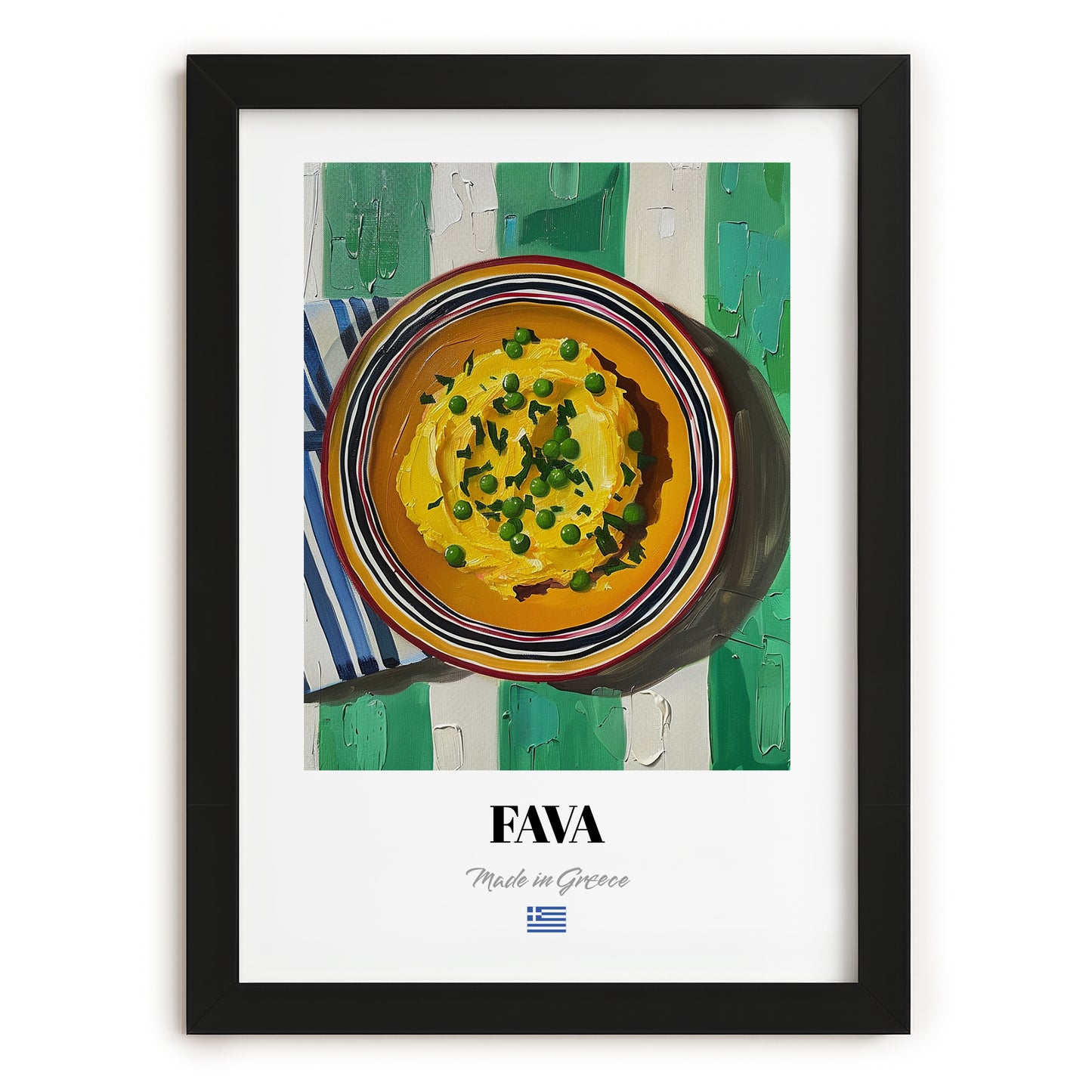 Fava – on Striped Tablecloth, Greek Food Wall Decor, in sleek black frame