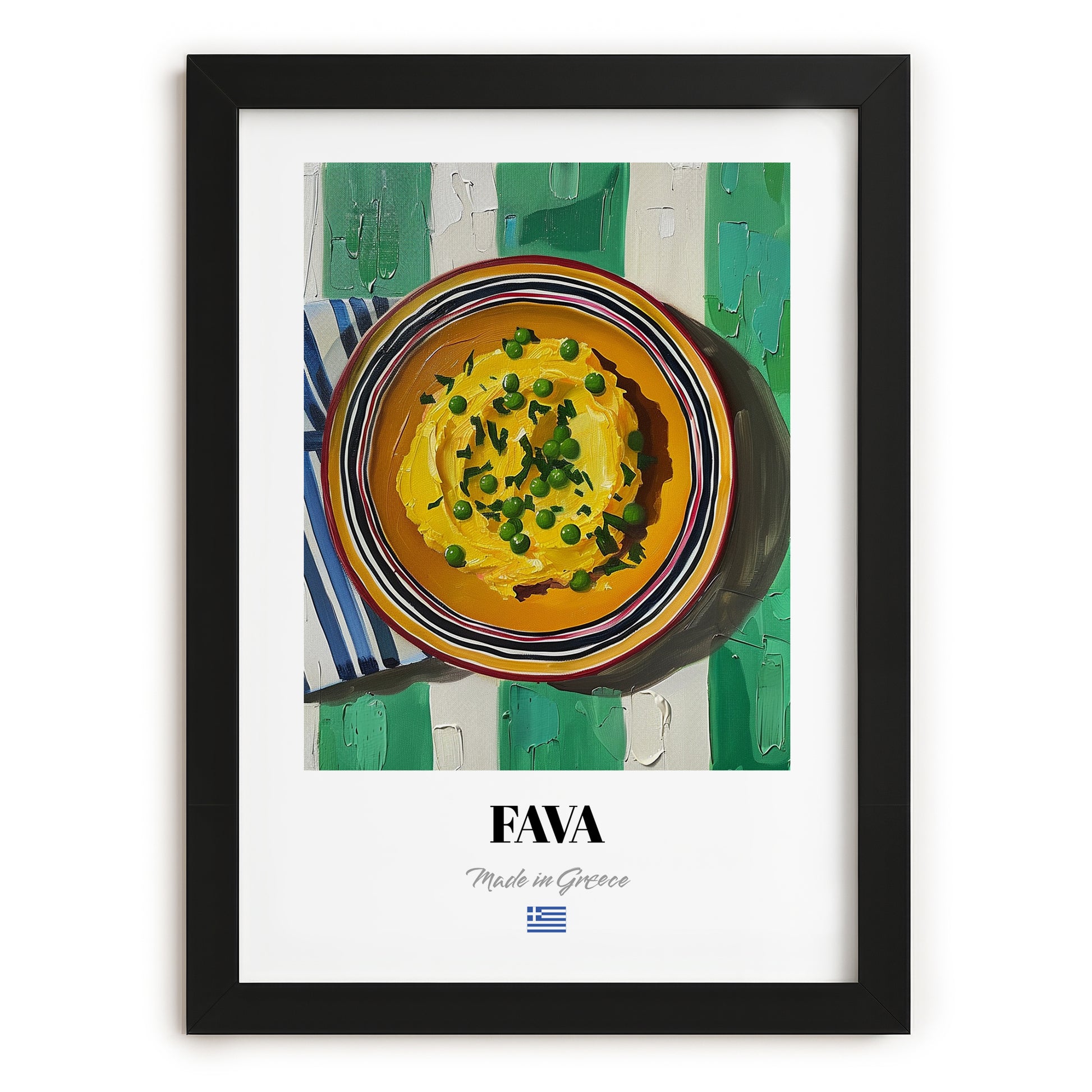 Fava – on Striped Tablecloth, Greek Food Wall Decor, in sleek black frame