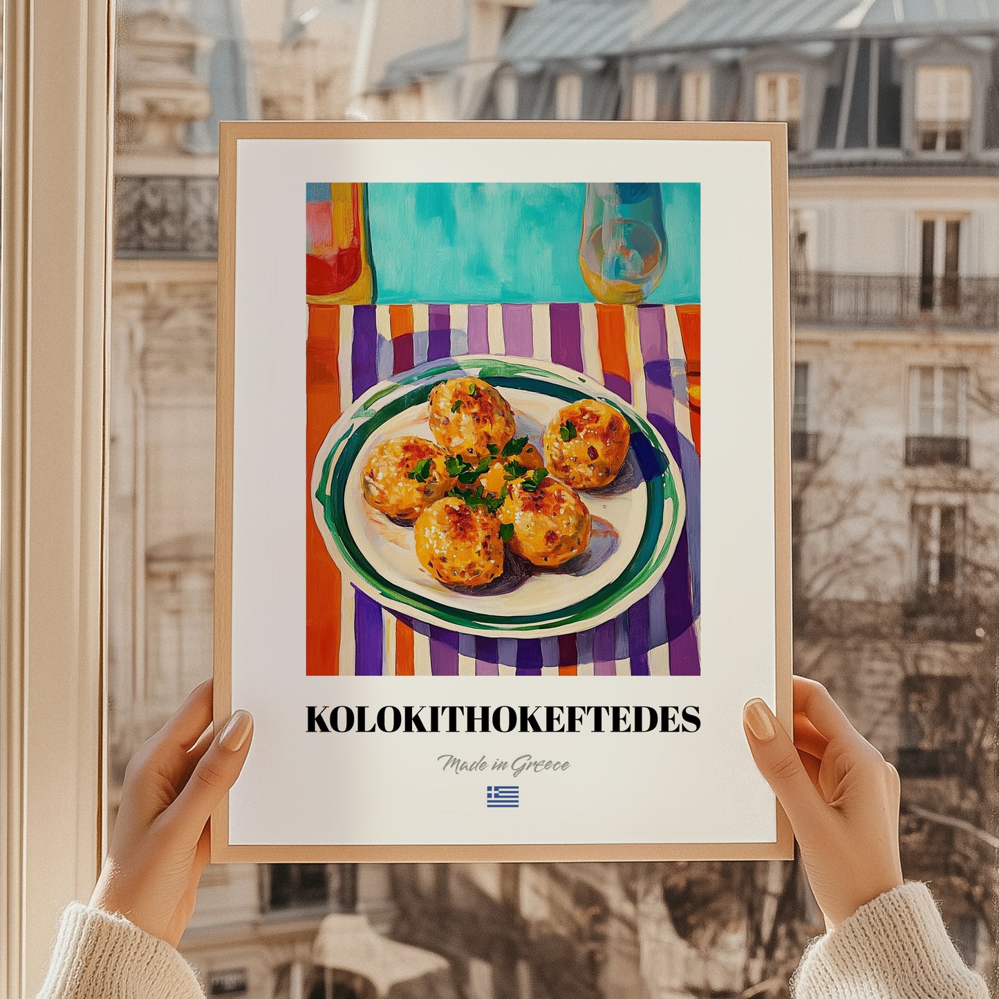 Kolokithokeftedes – Oil Painting, Greek Food Illustration, styled in a charming Paris street view
