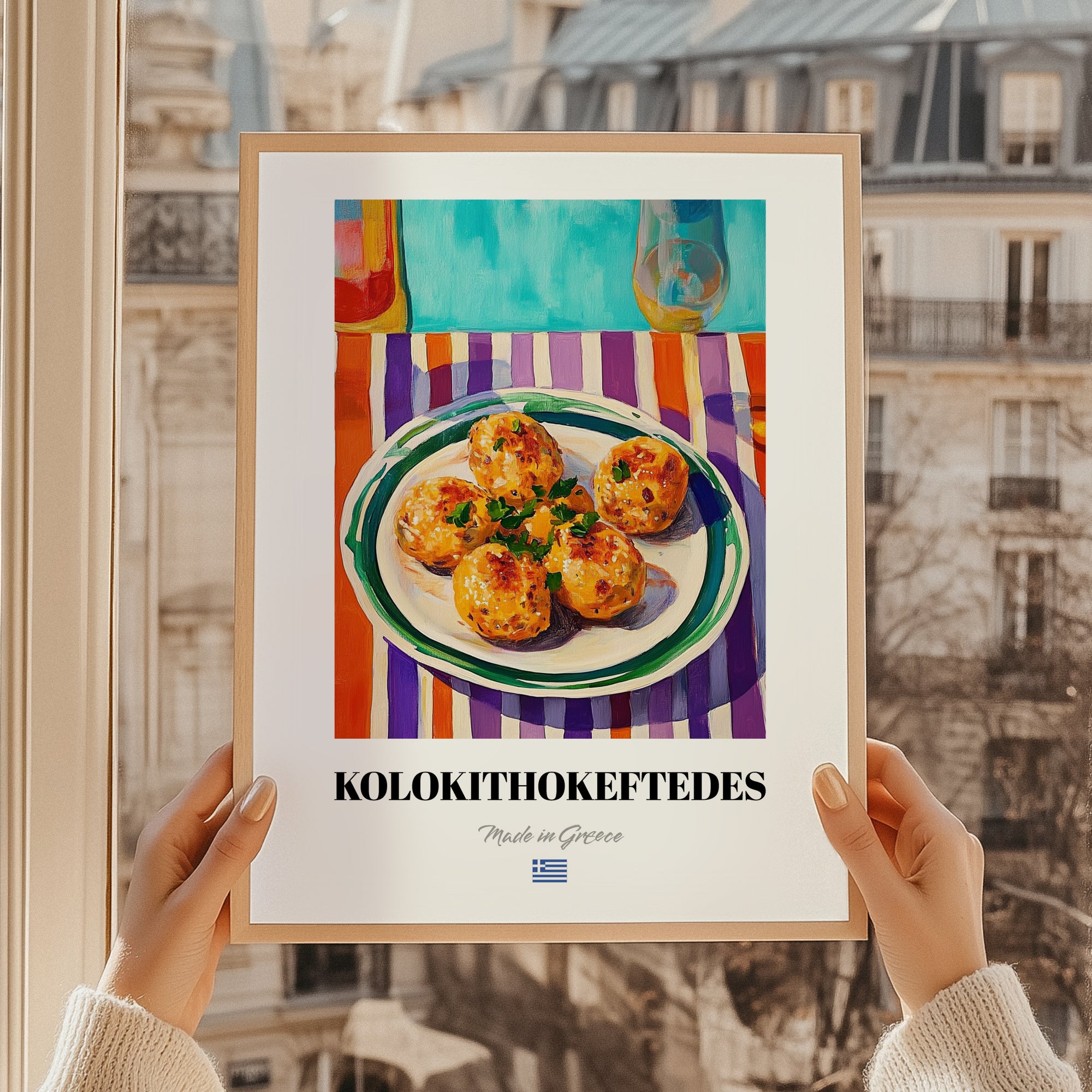 Kolokithokeftedes – Oil Painting, Greek Food Illustration, styled in a charming Paris street view