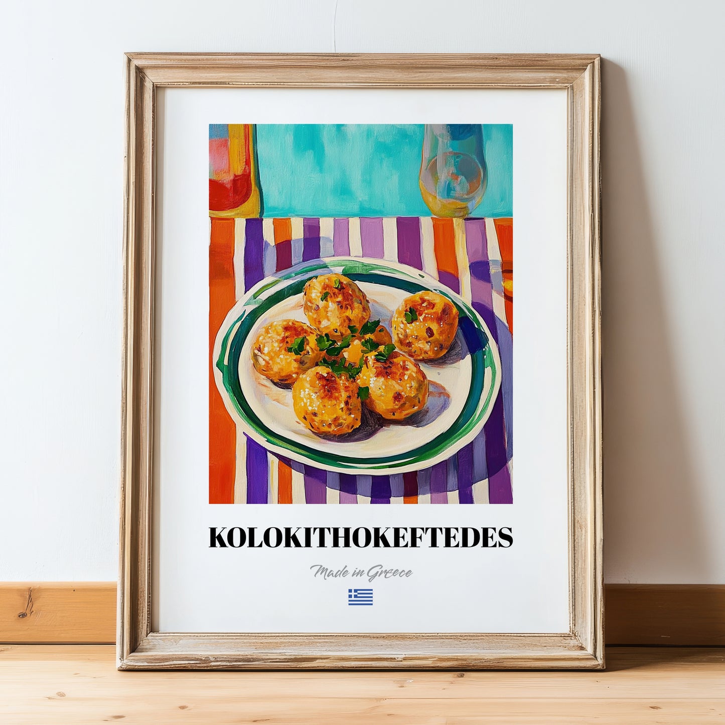 Kolokithokeftedes – Oil Painting, Greek Food Illustration, in wooden frame leaning on the floor