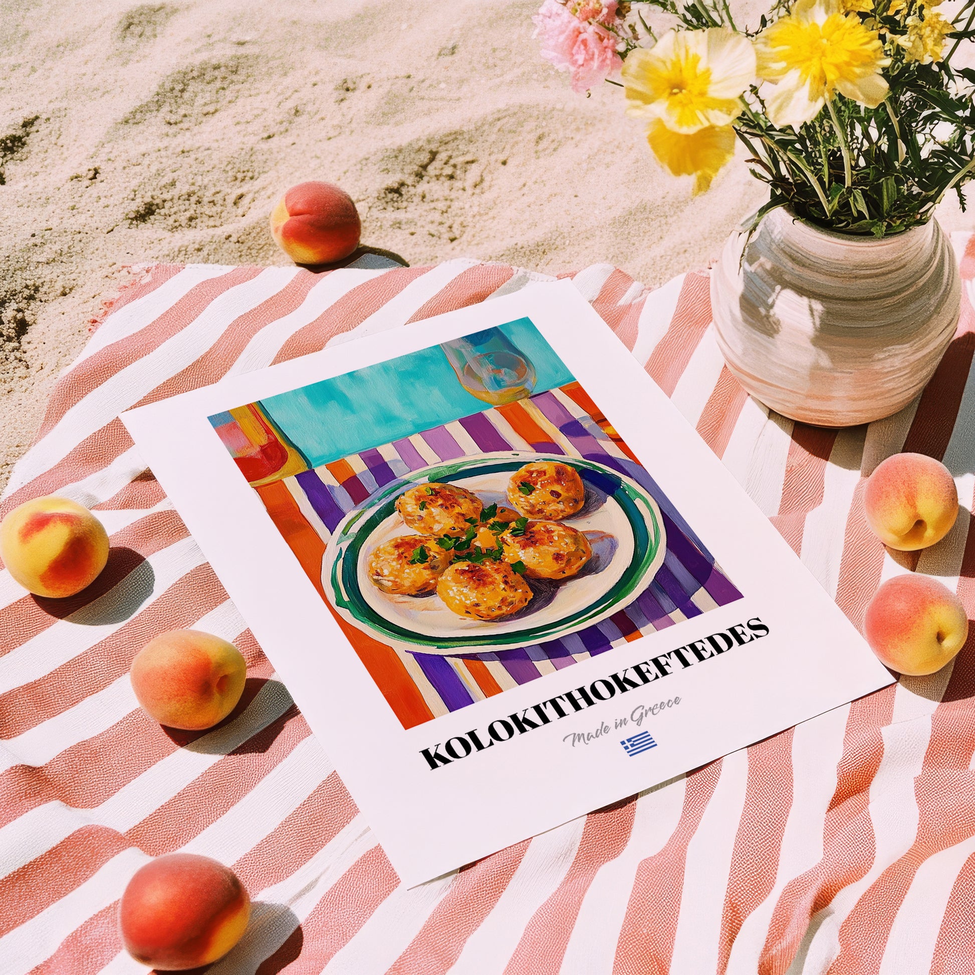 Kolokithokeftedes – Oil Painting, Greek Food Illustration, unframed on coastal sand