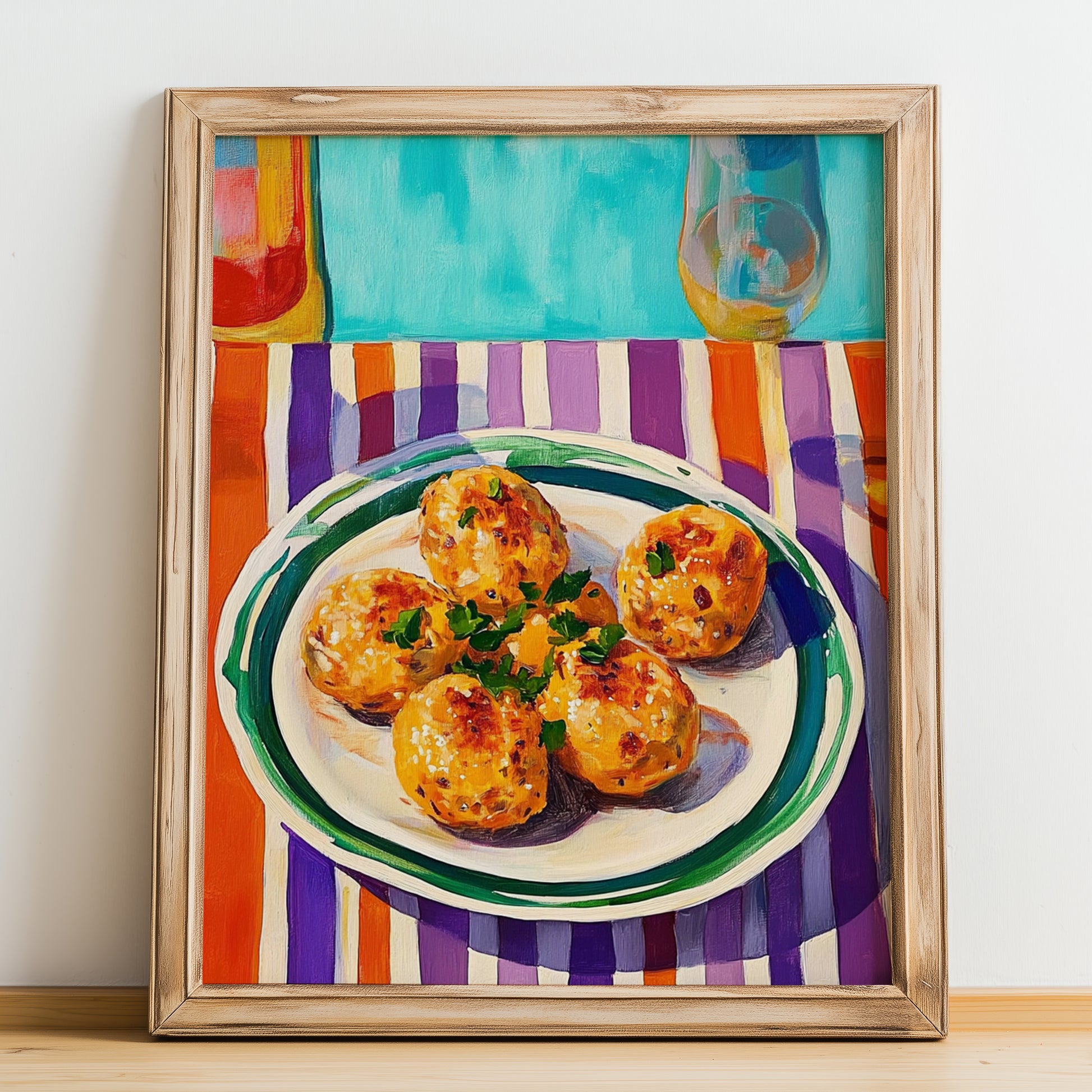 Kolokithokeftedes – Oil Painting, Greek Food Illustration, no-text version framed in wood